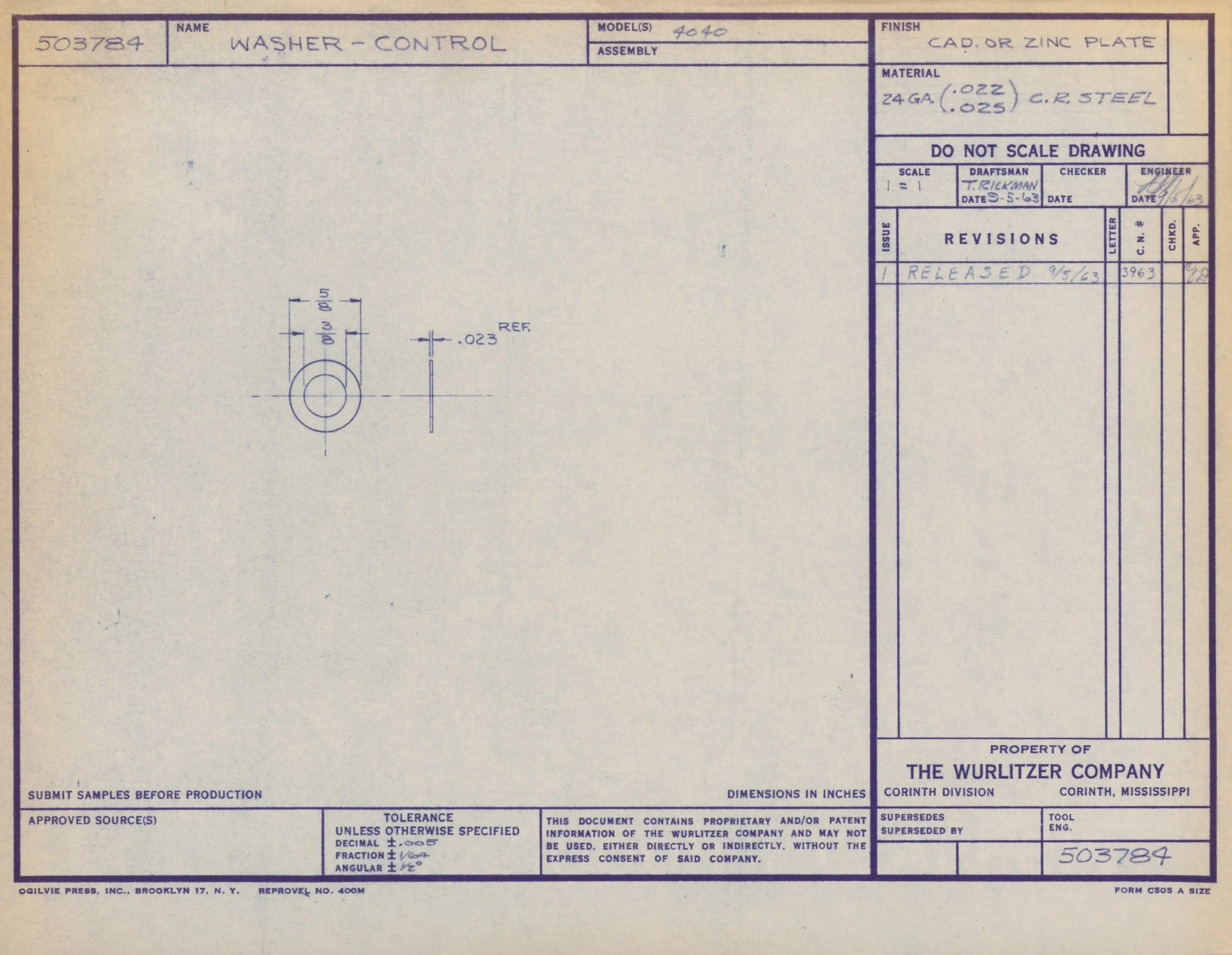 Technical engineering drawing of a washer control component with detailed dimensions and specifications, produced by The Wurlitzer Company in Corinth, Mississippi.