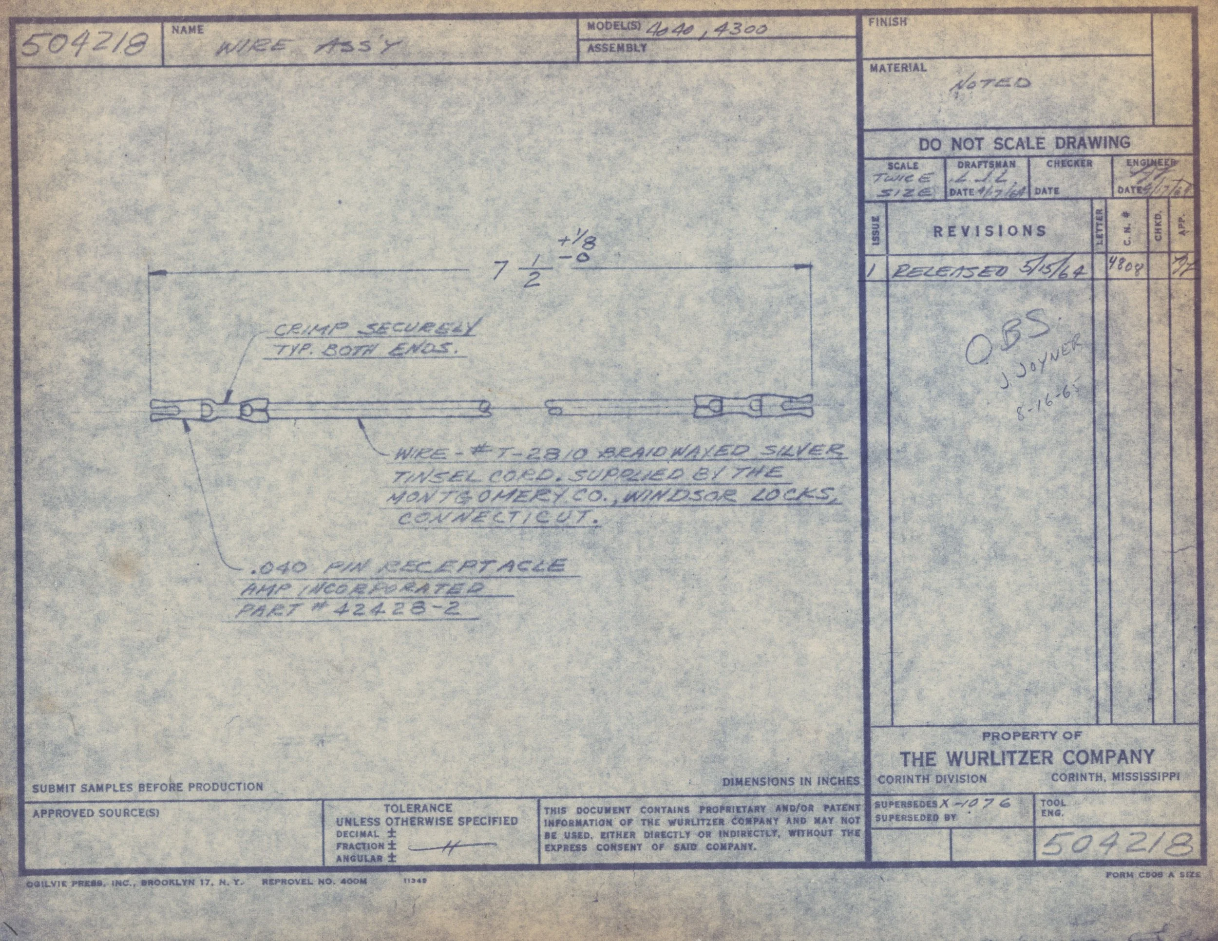 Blueprint drawing for a wire assembly labeled 'WIRE ASSY' with technical specifications and notes.