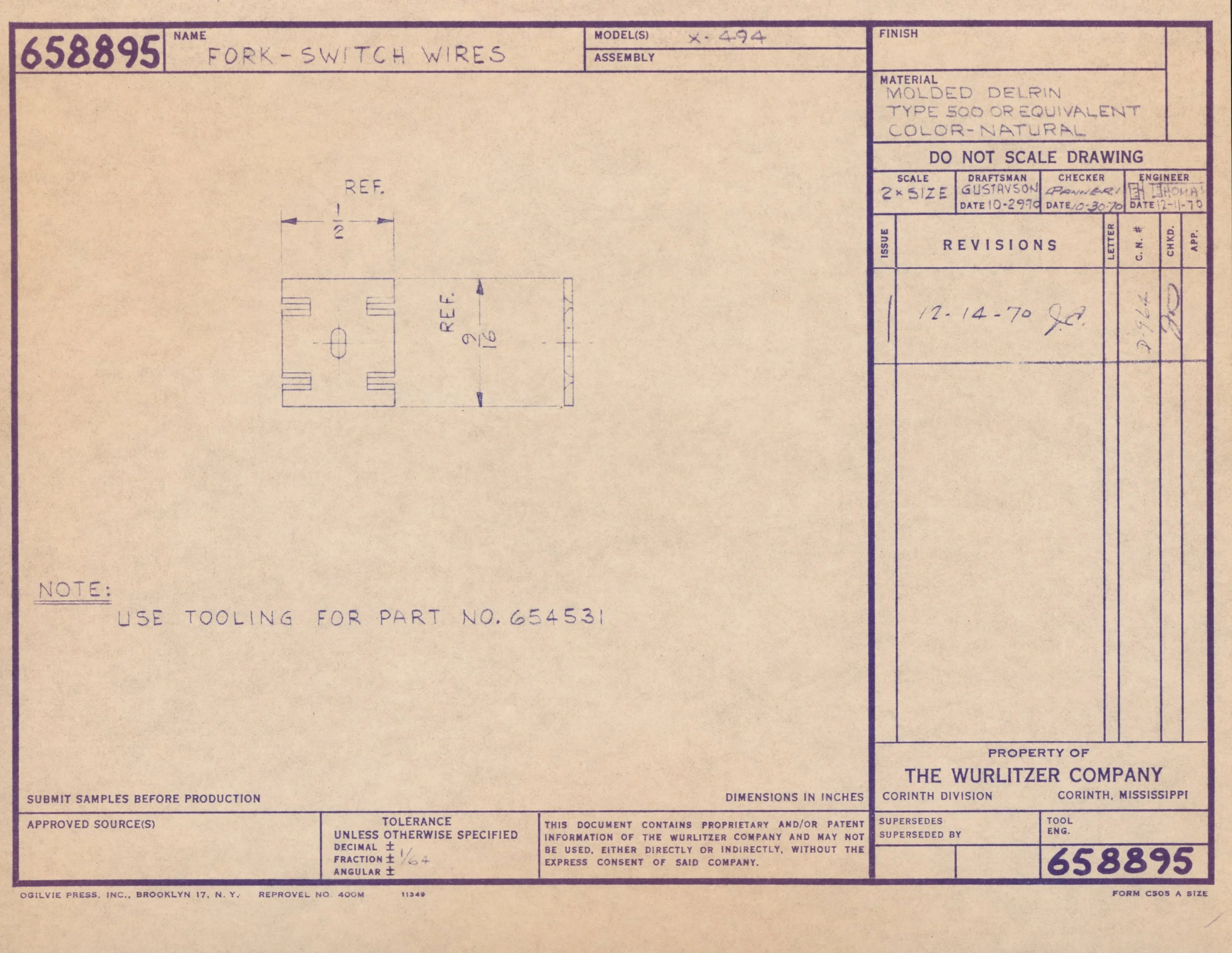 Blueprint drawing for fork-switch wires, showing detailed measurements and specifications, titled at the top with a part number 658895.