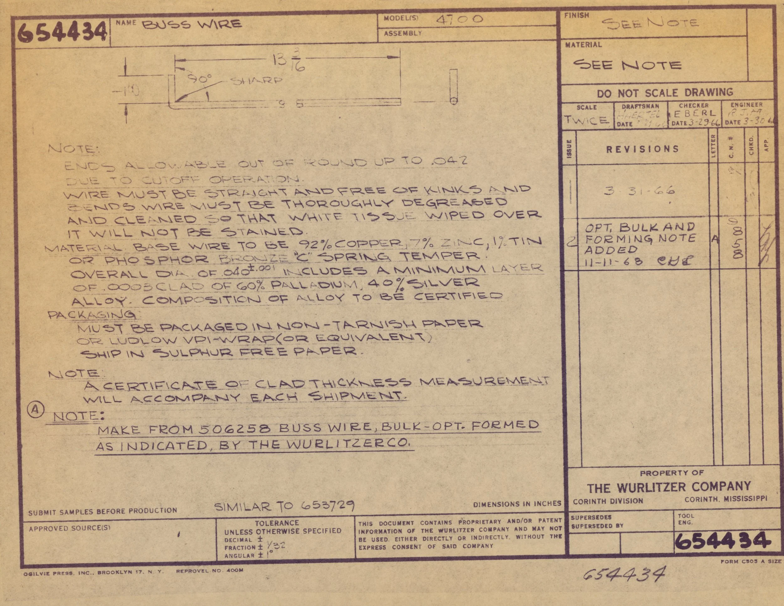Technical engineering blueprint for buss wire, including detailed measurements, notes on material composition, and instructions for manufacturing and packaging by The Wurlitzer Company.