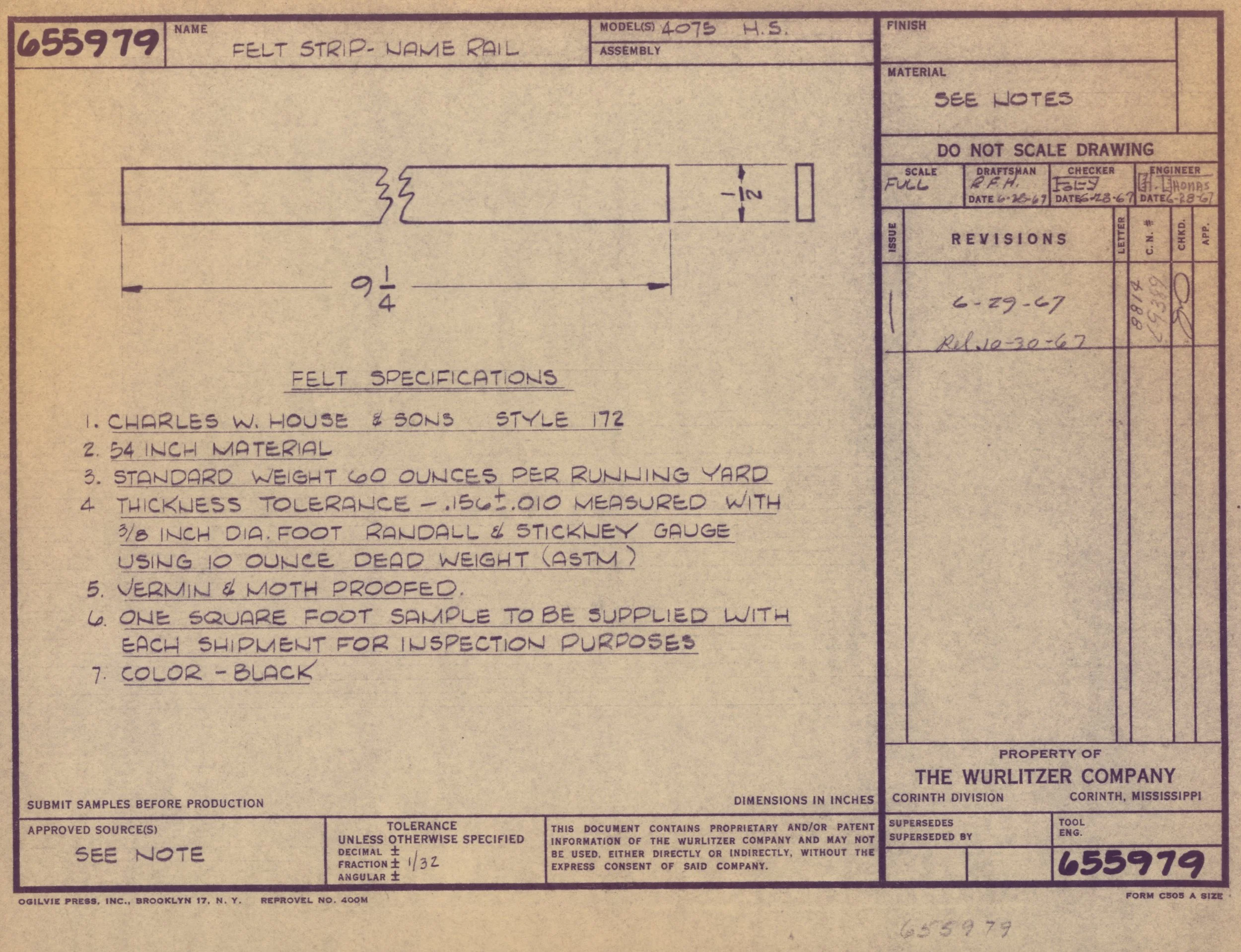 Blueprint drawing of a felt strip name rail, with detailed measurements and specifications, including material and weight.