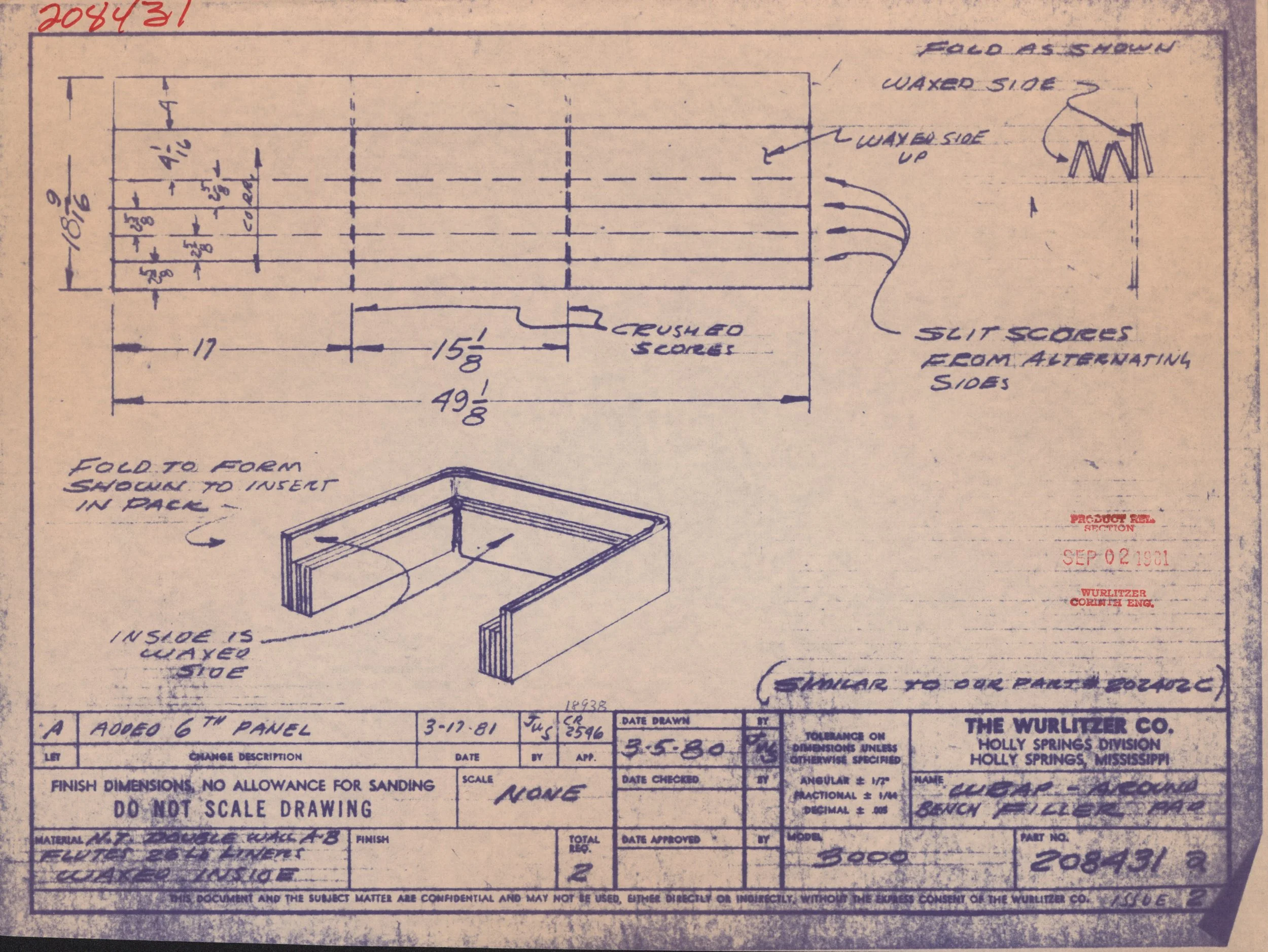 Blueprint of a sports equipment piece with measurements and notes, including images of the equipment, section details, and annotations in blue ink. The drawing includes a section view and dimensions, with handwritten notes regarding assembly instruct