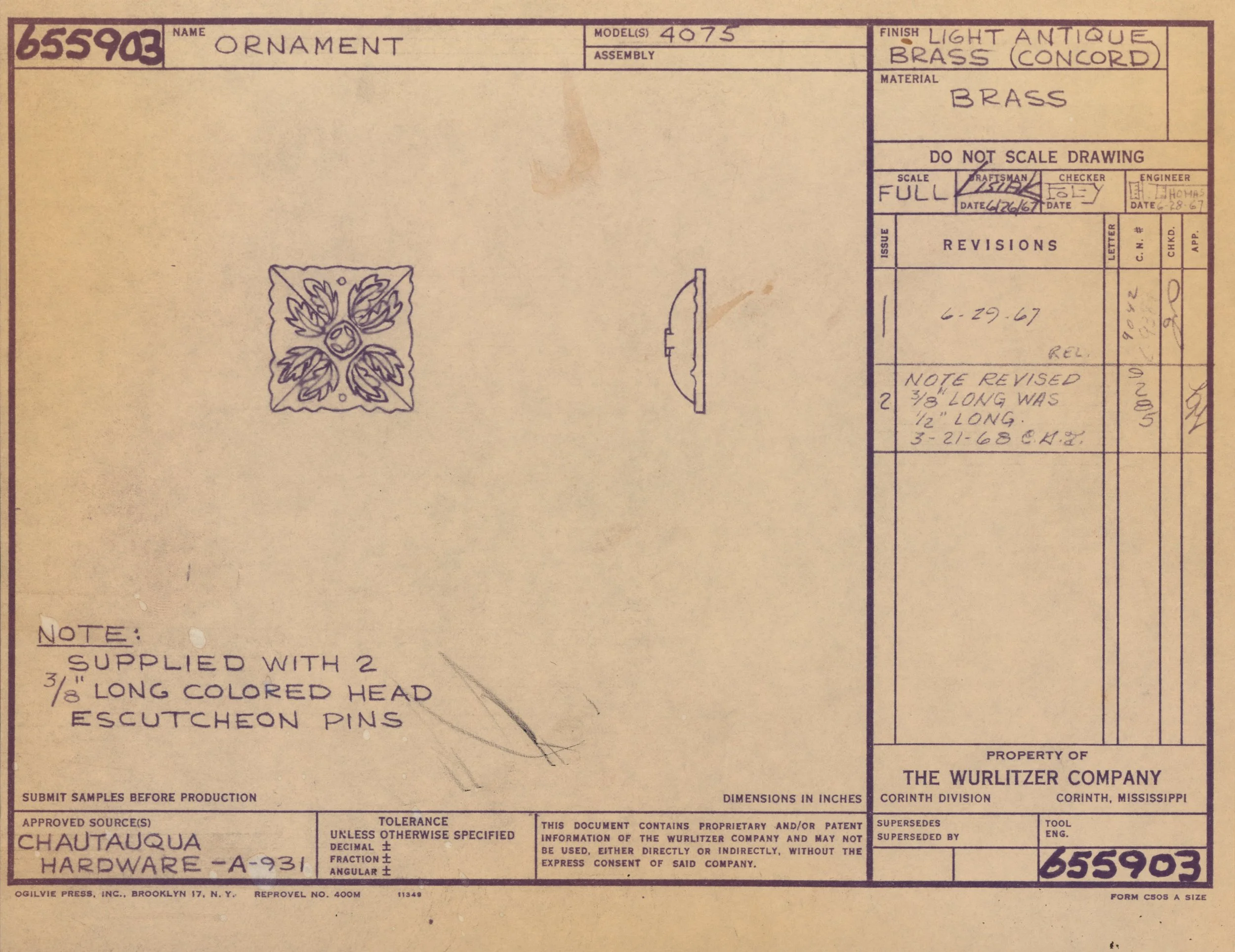 A vintage blueprint of a brass ornament design, featuring a symmetrical floral or leaf pattern, with detailed notes on dimensions and materials, attributed to the Wulitzer Company.