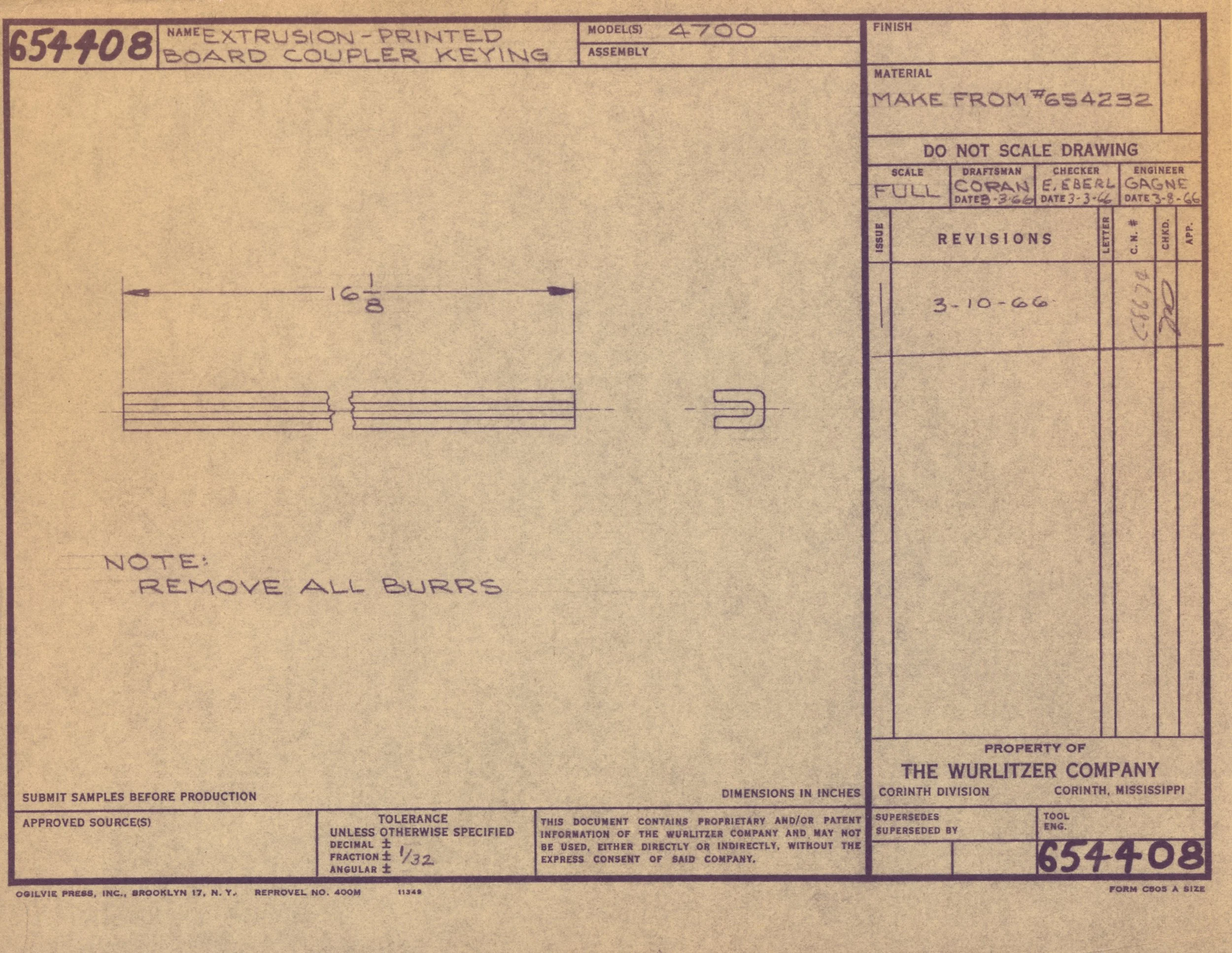 A blueprint for an extrusions-printed board coupler keying with detailed technical specifications and handwritten measurements.