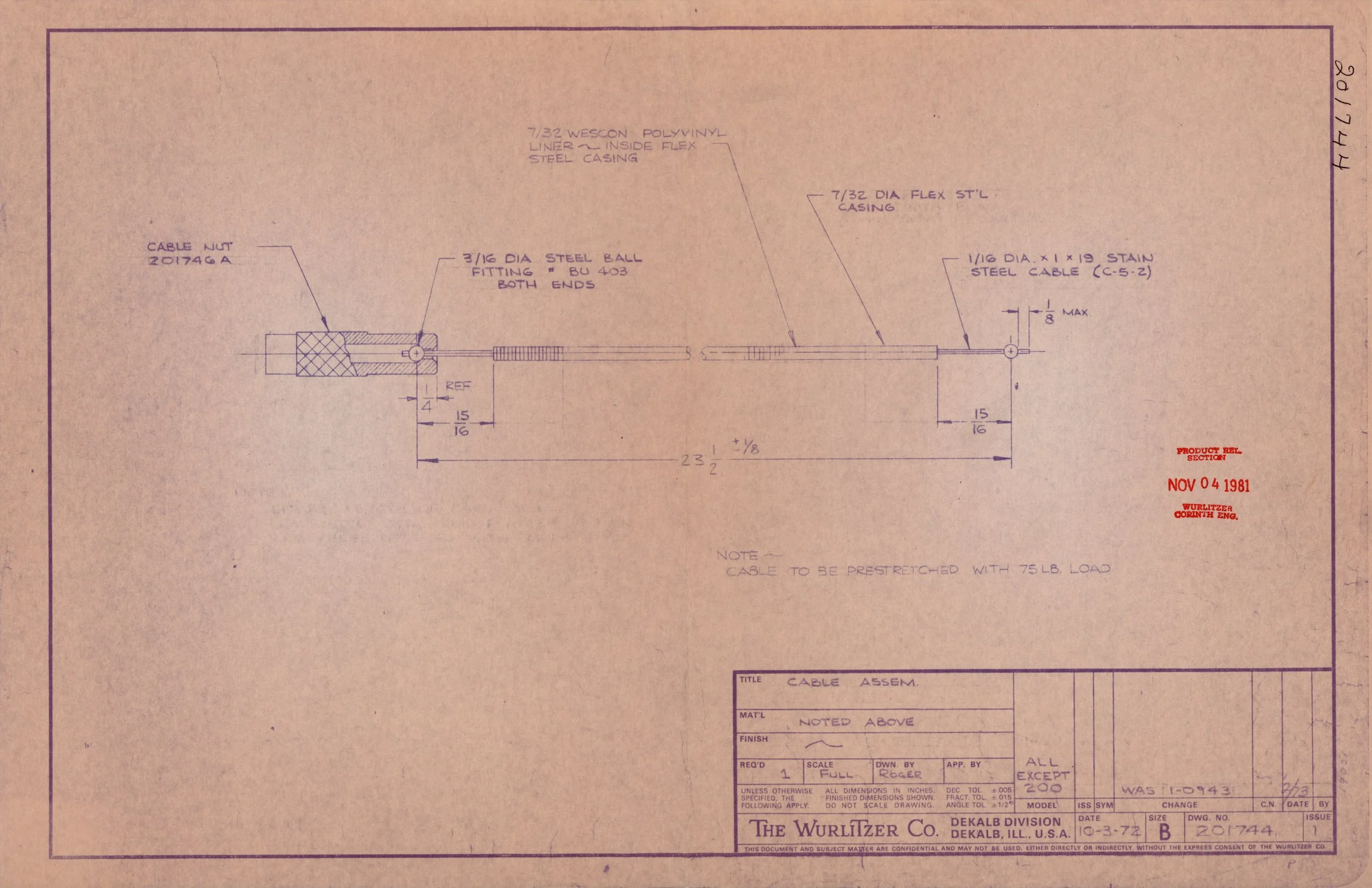 Technical drawing of a cable assembly, including specifications and measurements, created by The Wurlitzer Co. in 1981.