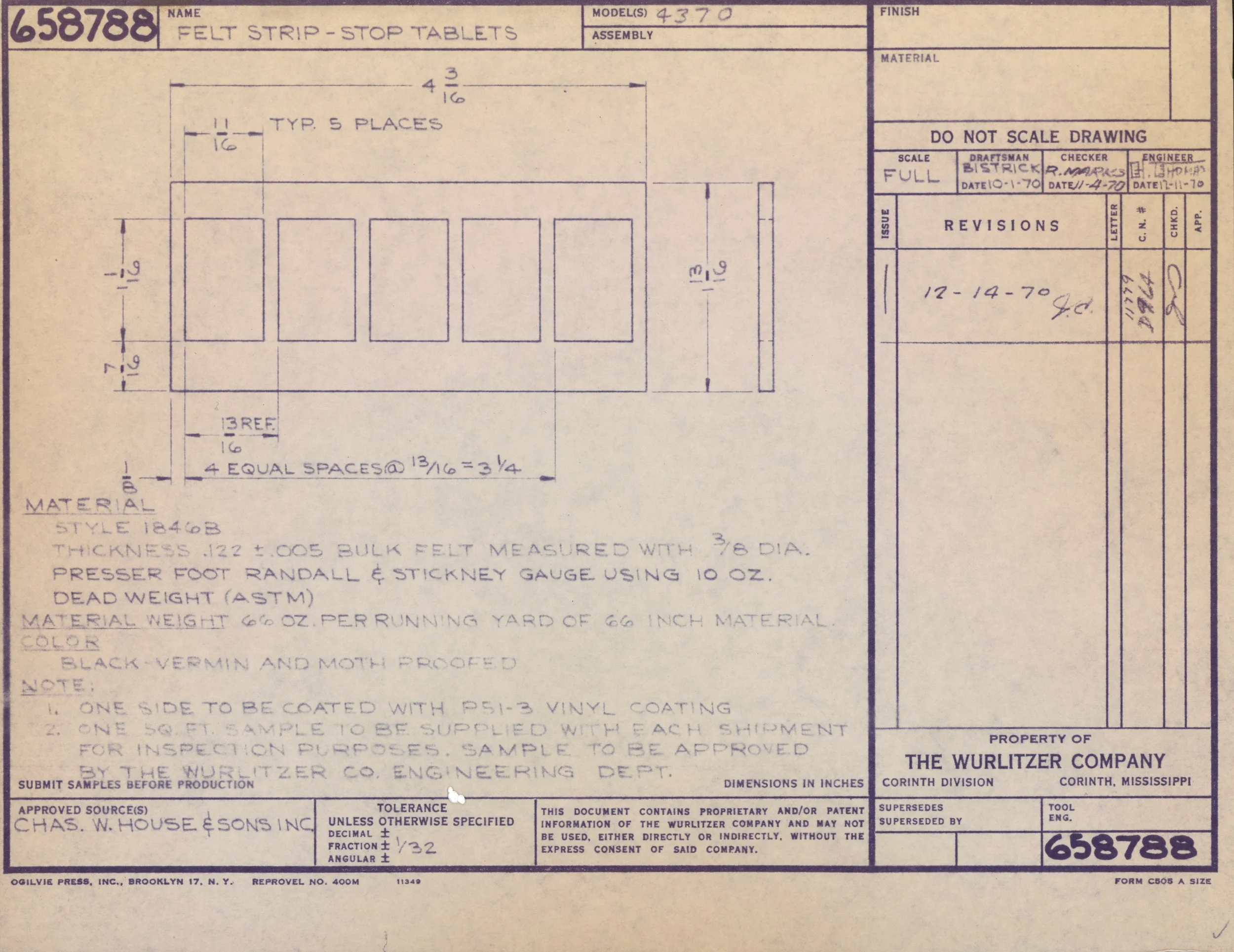 Blueprint drawing for felt strip stop tablets, including detailed measurements and specifications, with handwritten notes and signatures. Looks like a technical engineering document from 1970.