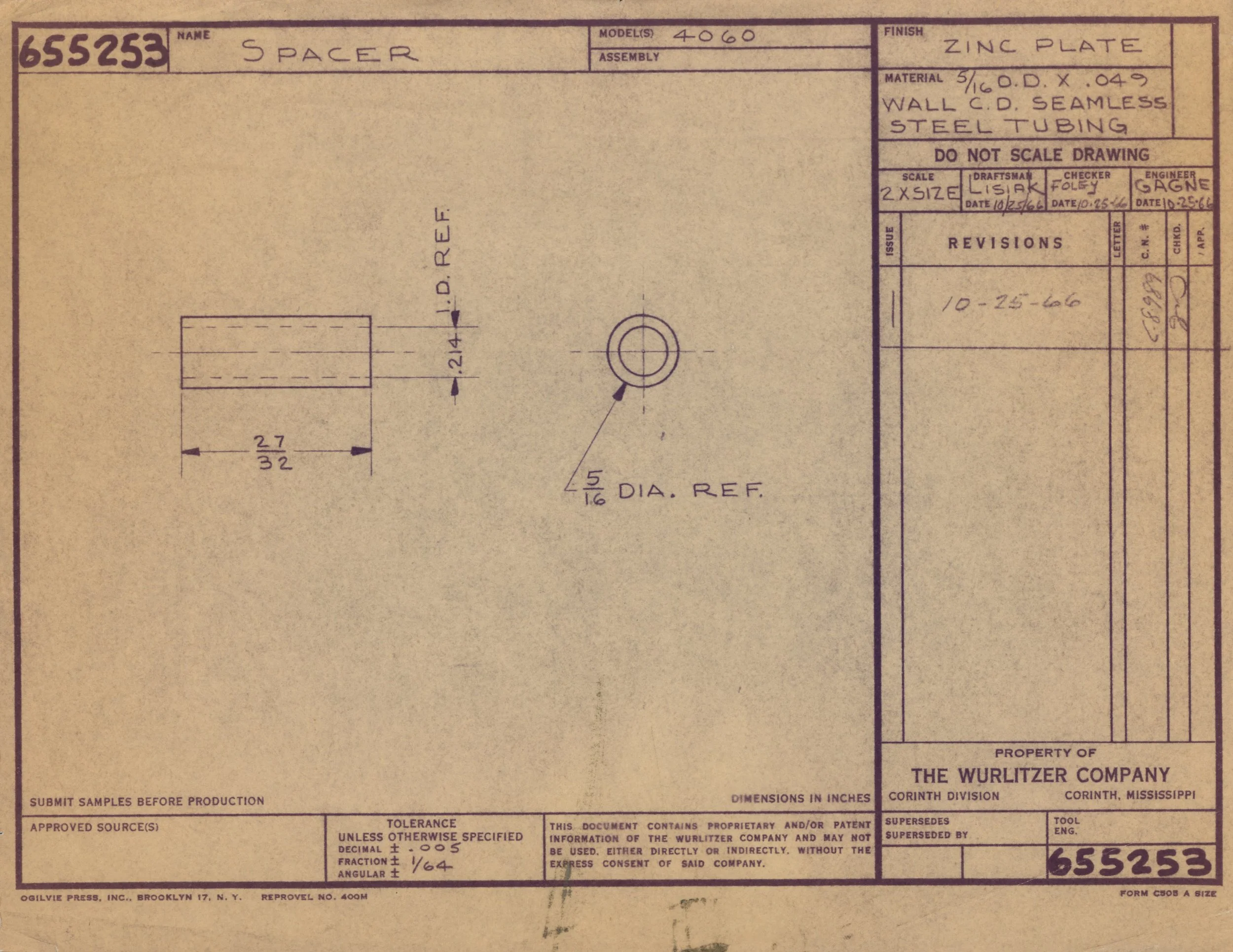 Technical drawing blueprint for a part called 'S Pacer' model 4060, made of zinc plate with wall thickness of 0.045 inches, wall C.D. seamless steel tubing, with dimensions and specifications marked, property of Wurlitzer company, with approval stamp