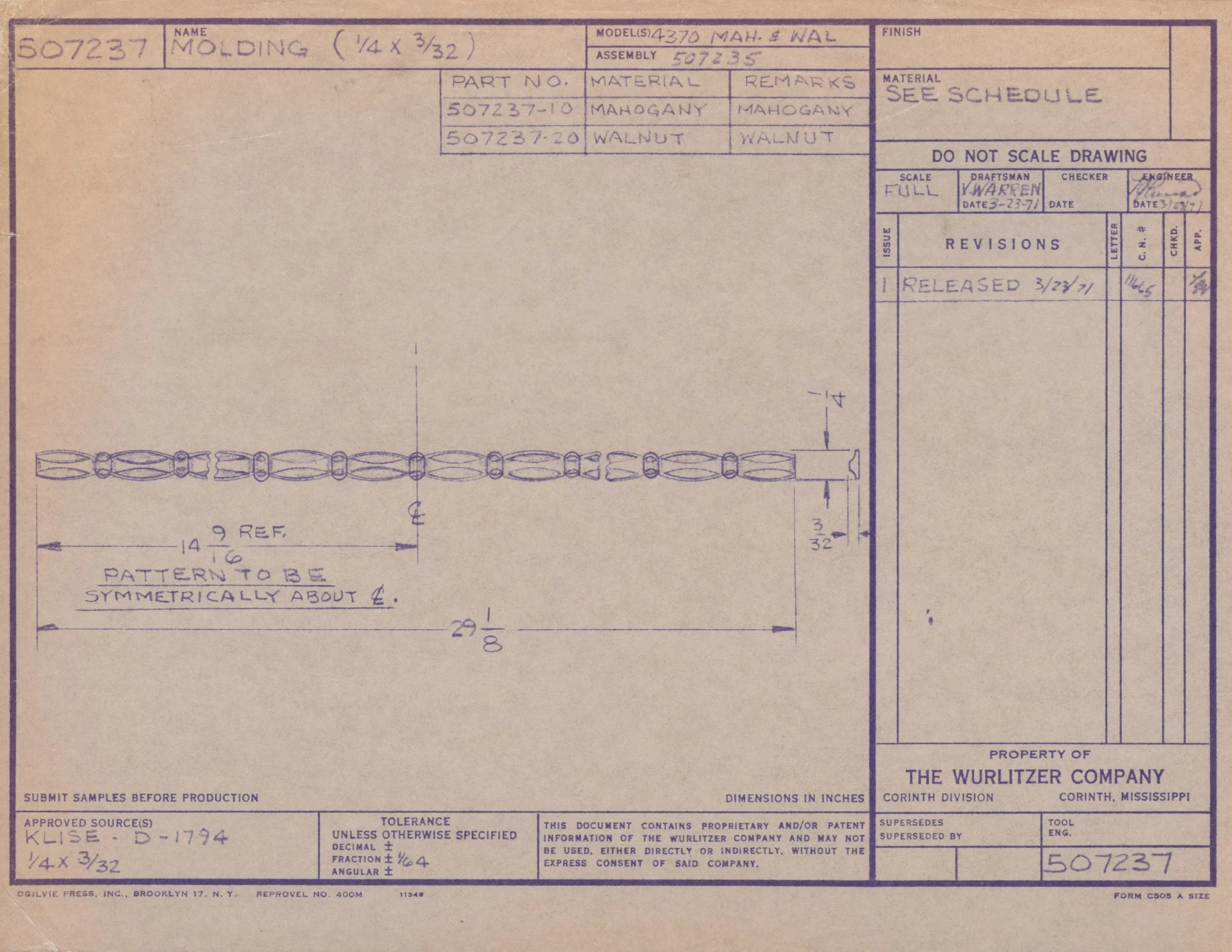 Technical blueprint of a molding pattern for walnut wood, including detailed measurements and specifications, created by The Wurlitzer Company in Corinth, Mississippi.