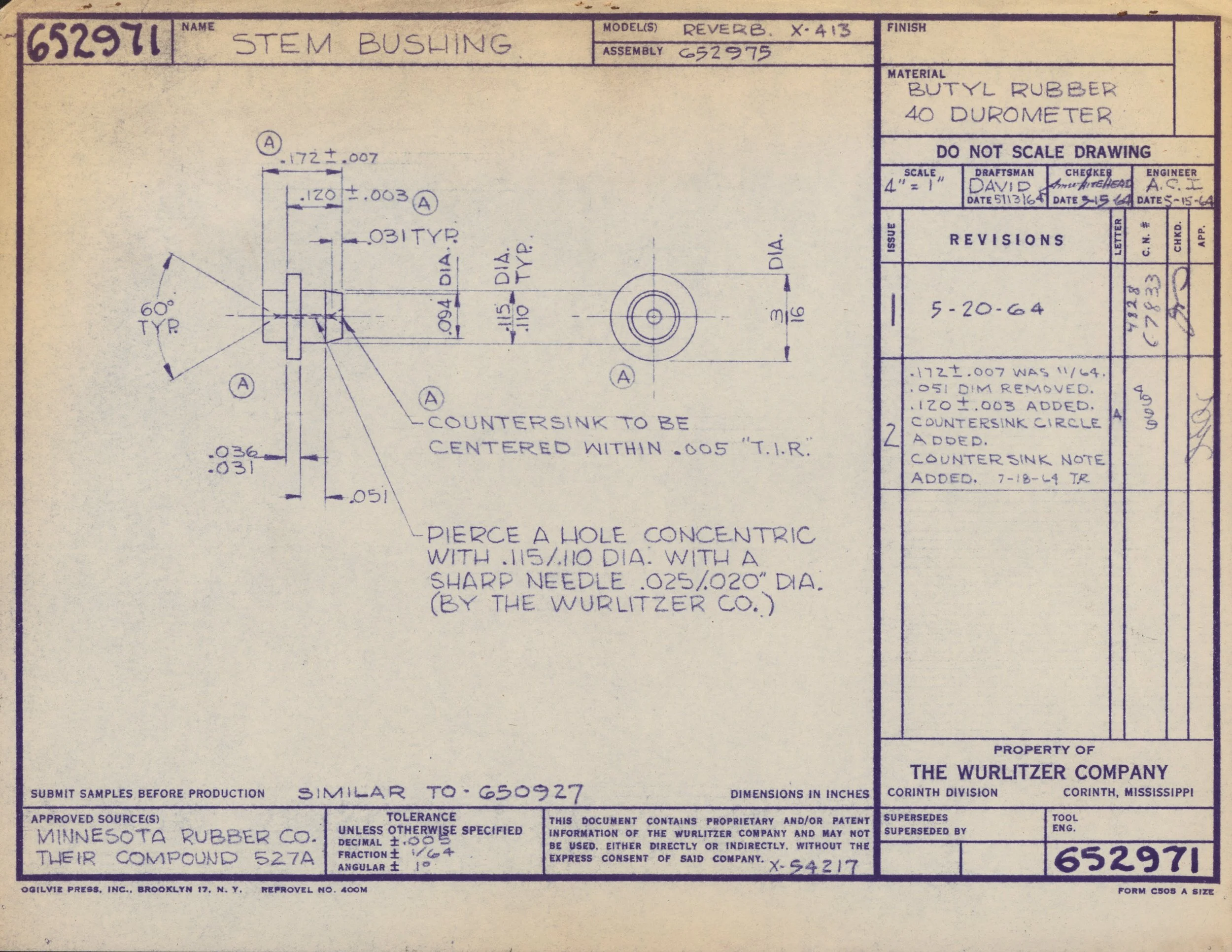 Technical drawing or blueprint of a STEM Bushing, showing dimensions and details for manufacturing, with handwritten annotations and official stamps.