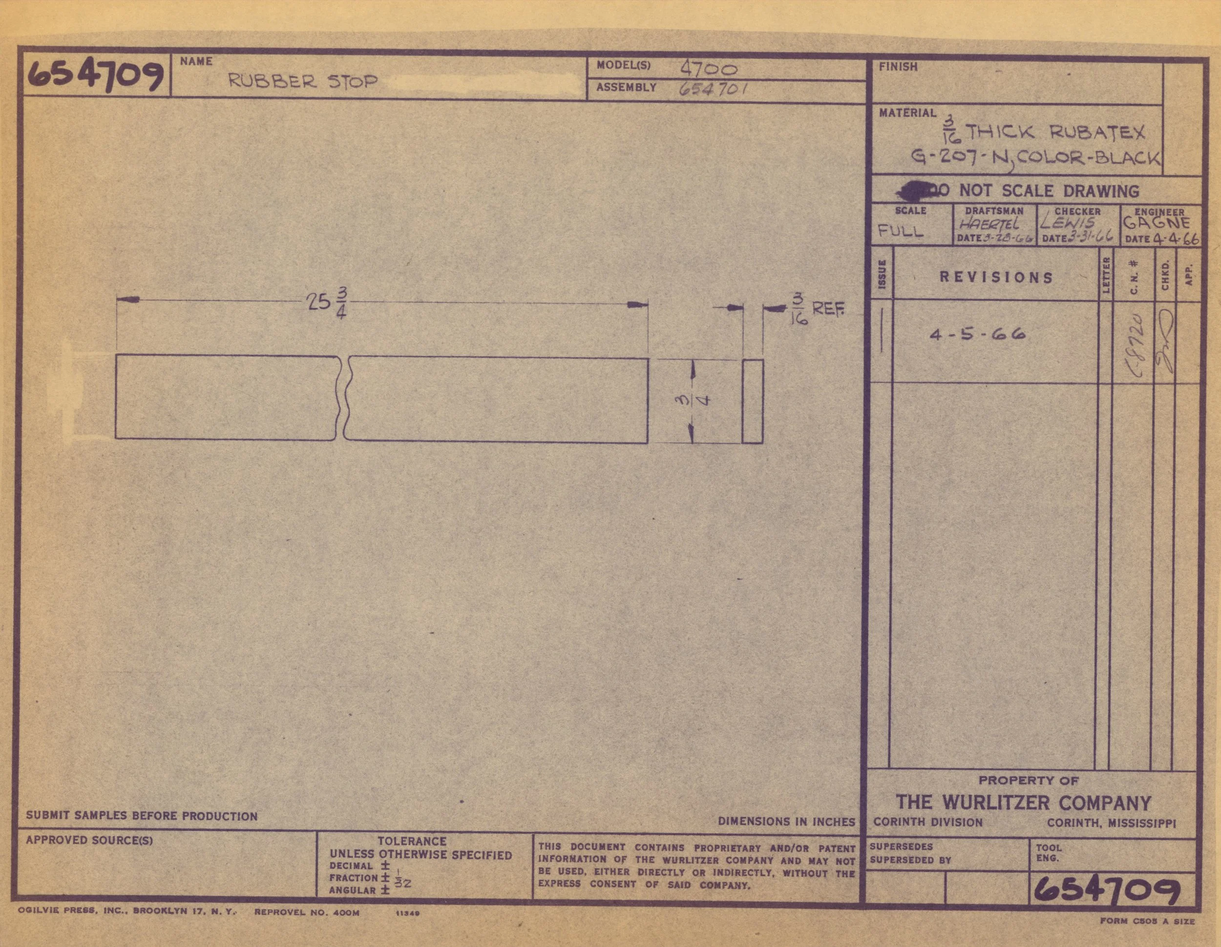 A technical drawing for a rubber stop, including measurements, material specifications, and approval signatures, with handwritten notes and revisions.