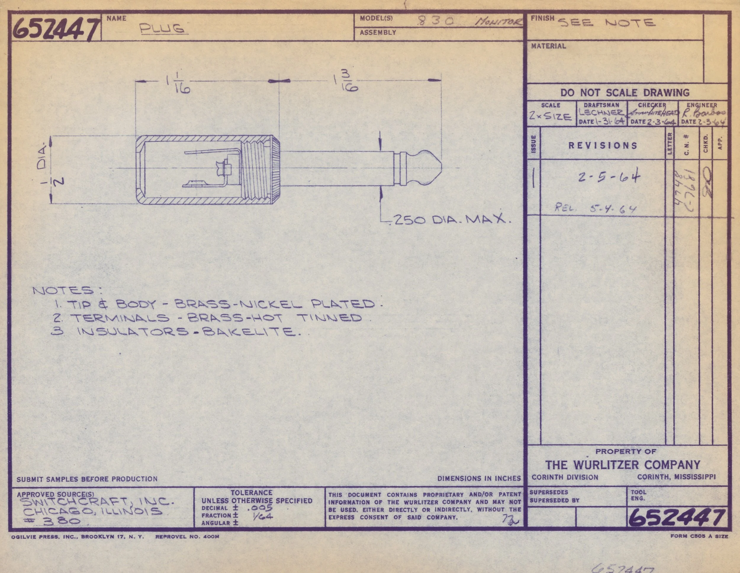 Technical drawing of a nylon plug with measurements, notes on material and construction details, approved by Switchcraft Inc., Chicago, Illinois.
