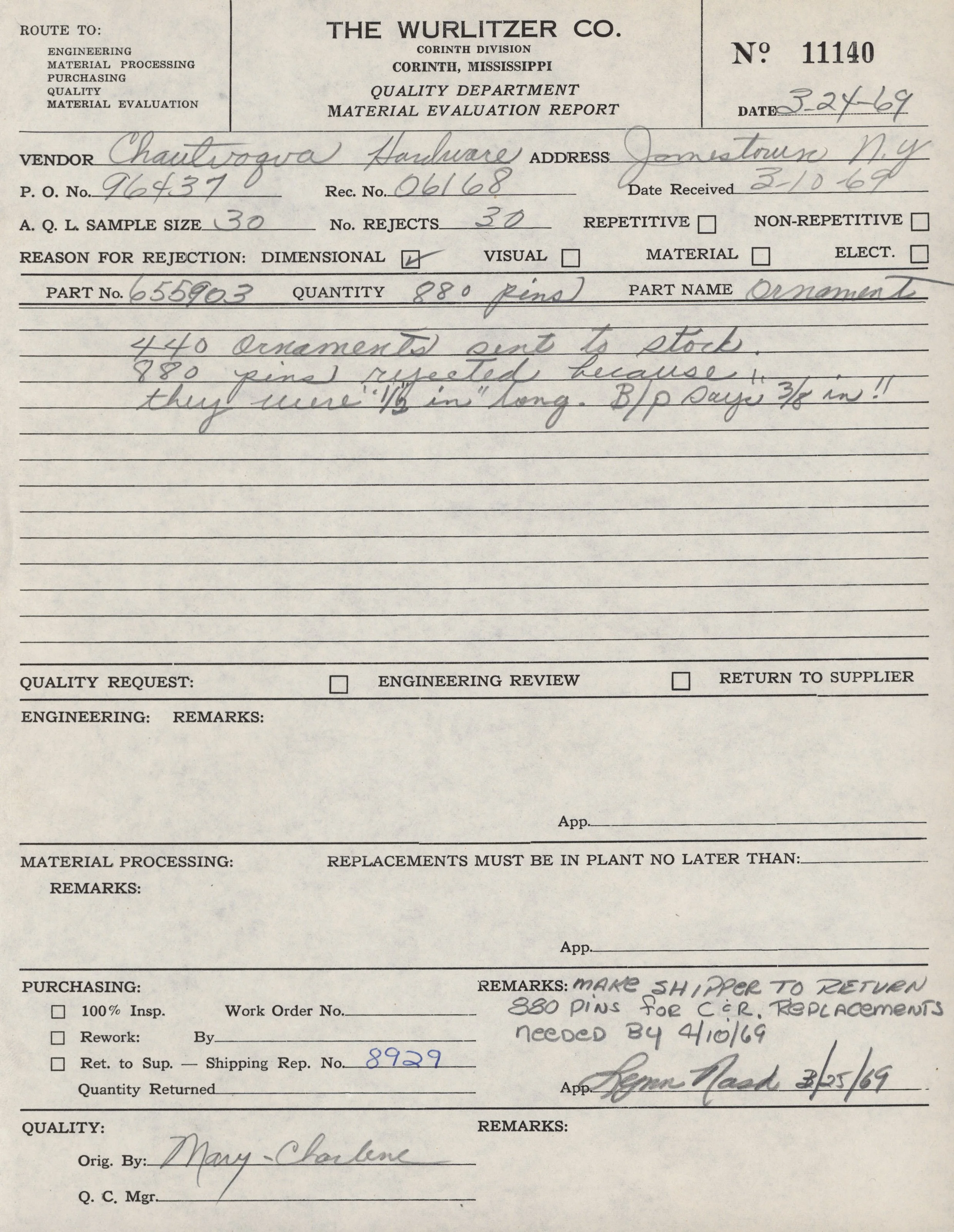 Close-up of an antique handwritten material evaluation report from The Wurlitzer Company, dated March 24, 1969, with details about ornaments and pins.
