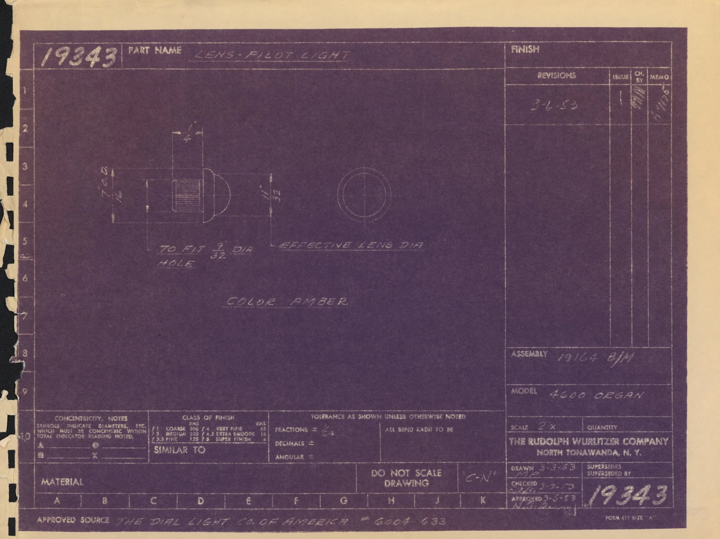 Blueprint or technical drawing of a lens pilot light with measurements and annotations.