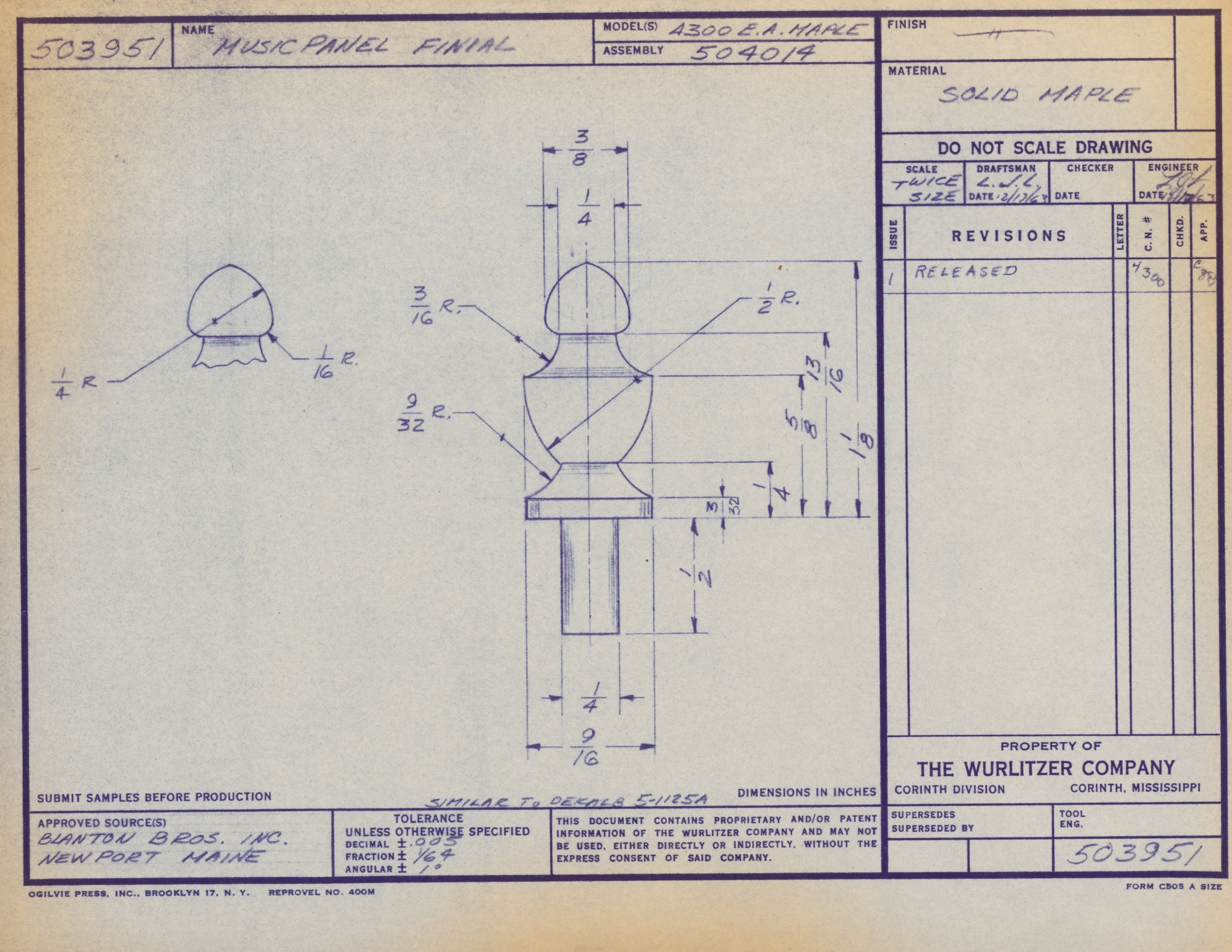 Technical drawing of a musical instrument part with detailed measurements, created by The Wurlitzer Company, property of the Wurlitzer Company, Corinth, Mississippi.