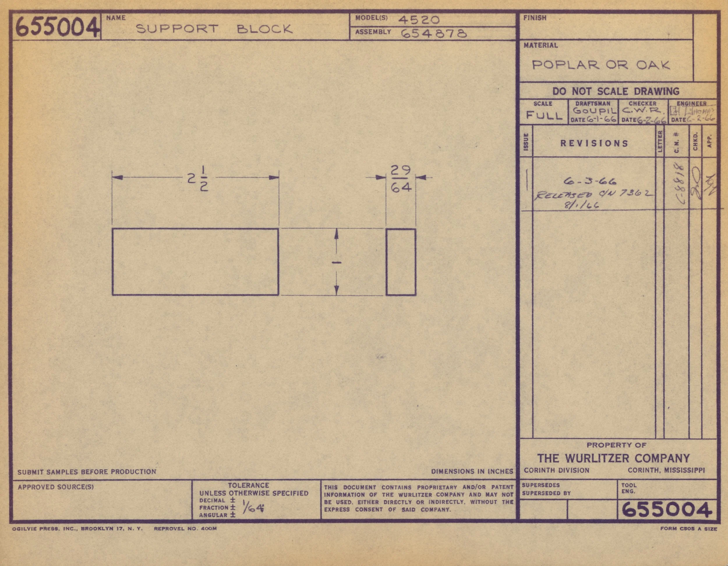 Blueprint of a support block with detailed measurements, drawings, and notes from The Wurlitzer Company, dated June 1966.