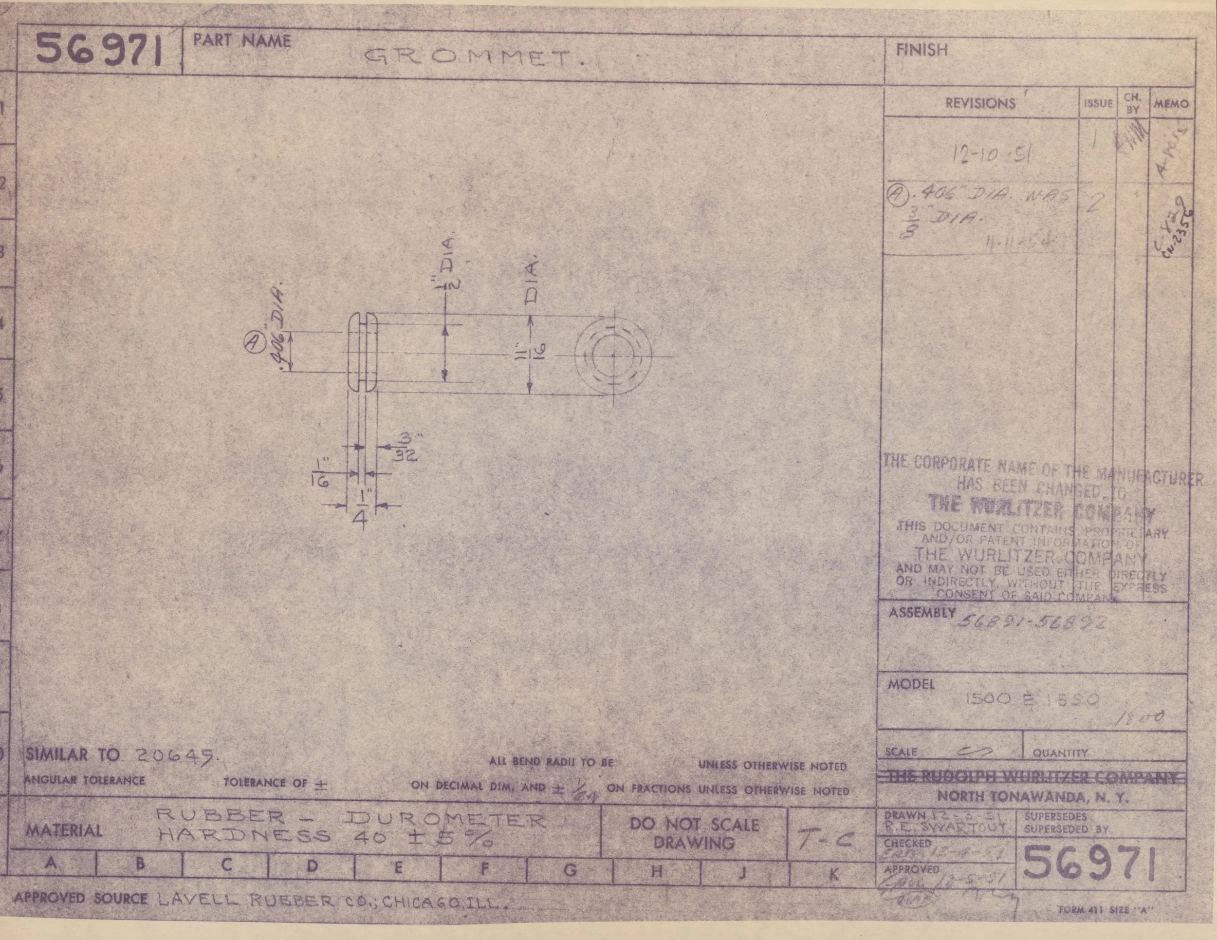 Blueprint drawing of a rubber gasket, with dimensions, material information, and manufacturing notes.