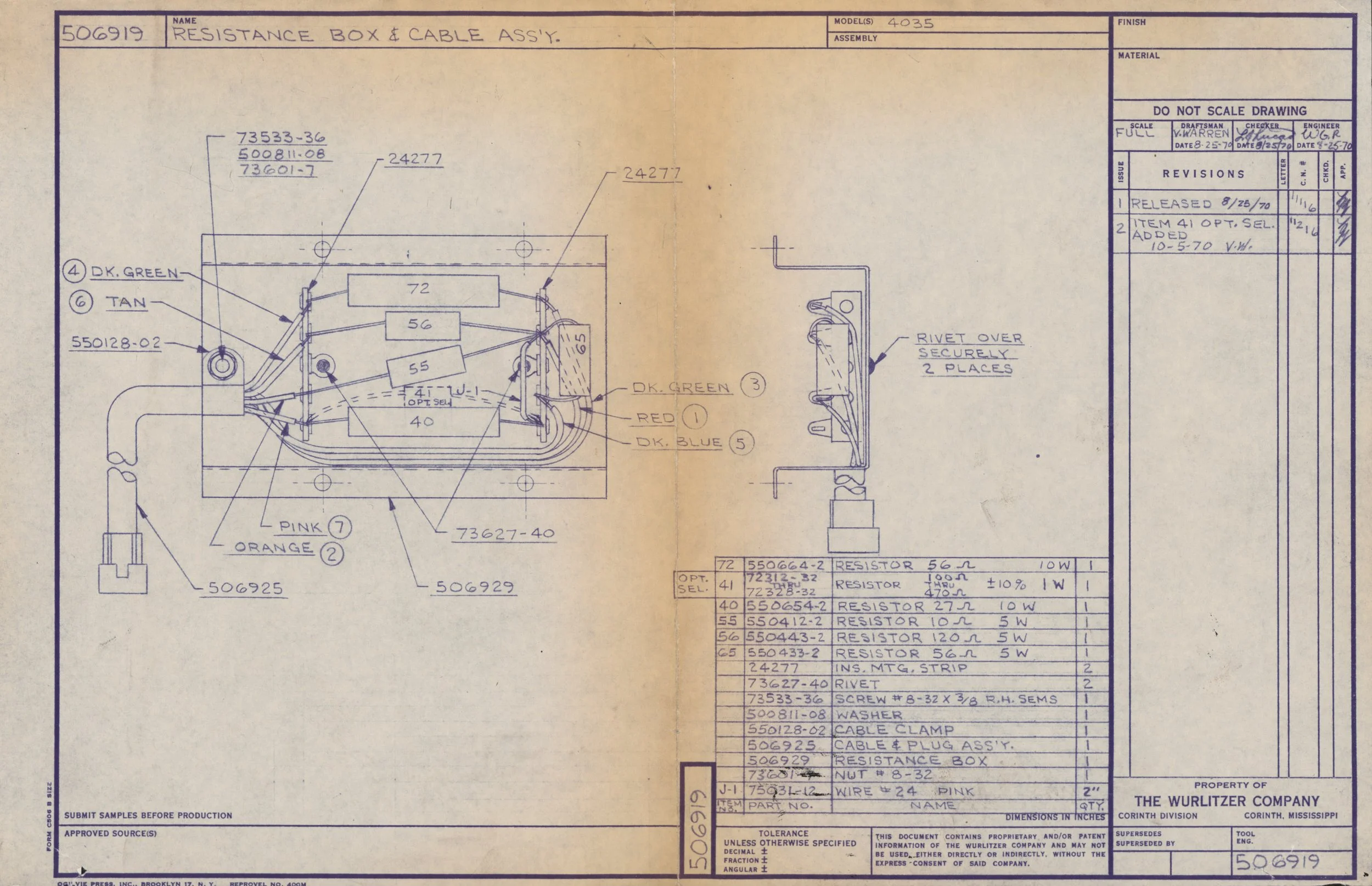 Technical engineering drawing of a resistance box and cable assembly with labeled components, measurements, and production notes.