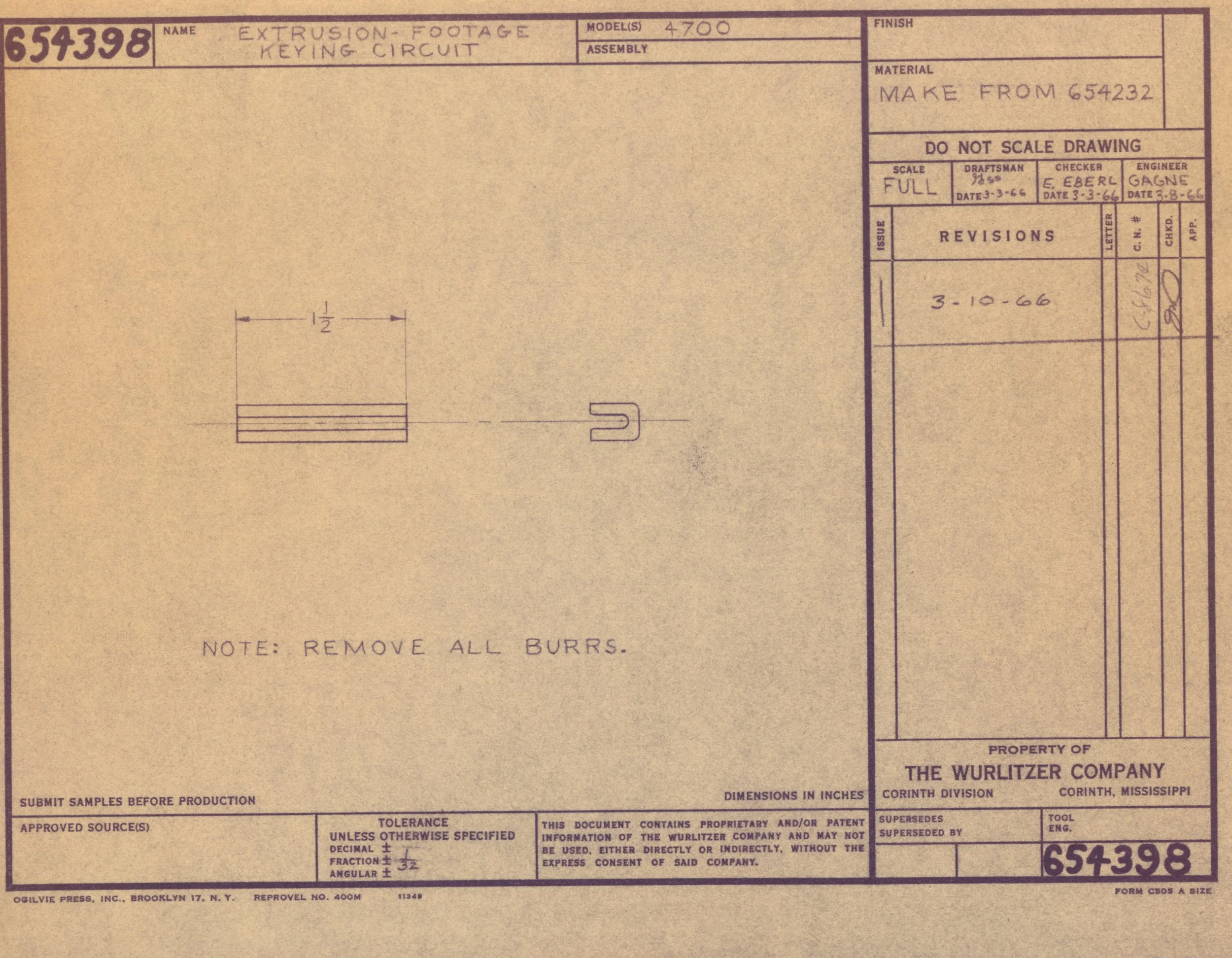 A technical blueprint for an extrusion-footage keying circuit. The drawing includes detailed notes, measurements, and revision history, with the title indicating its purpose for electronic circuit design and manufacturing.