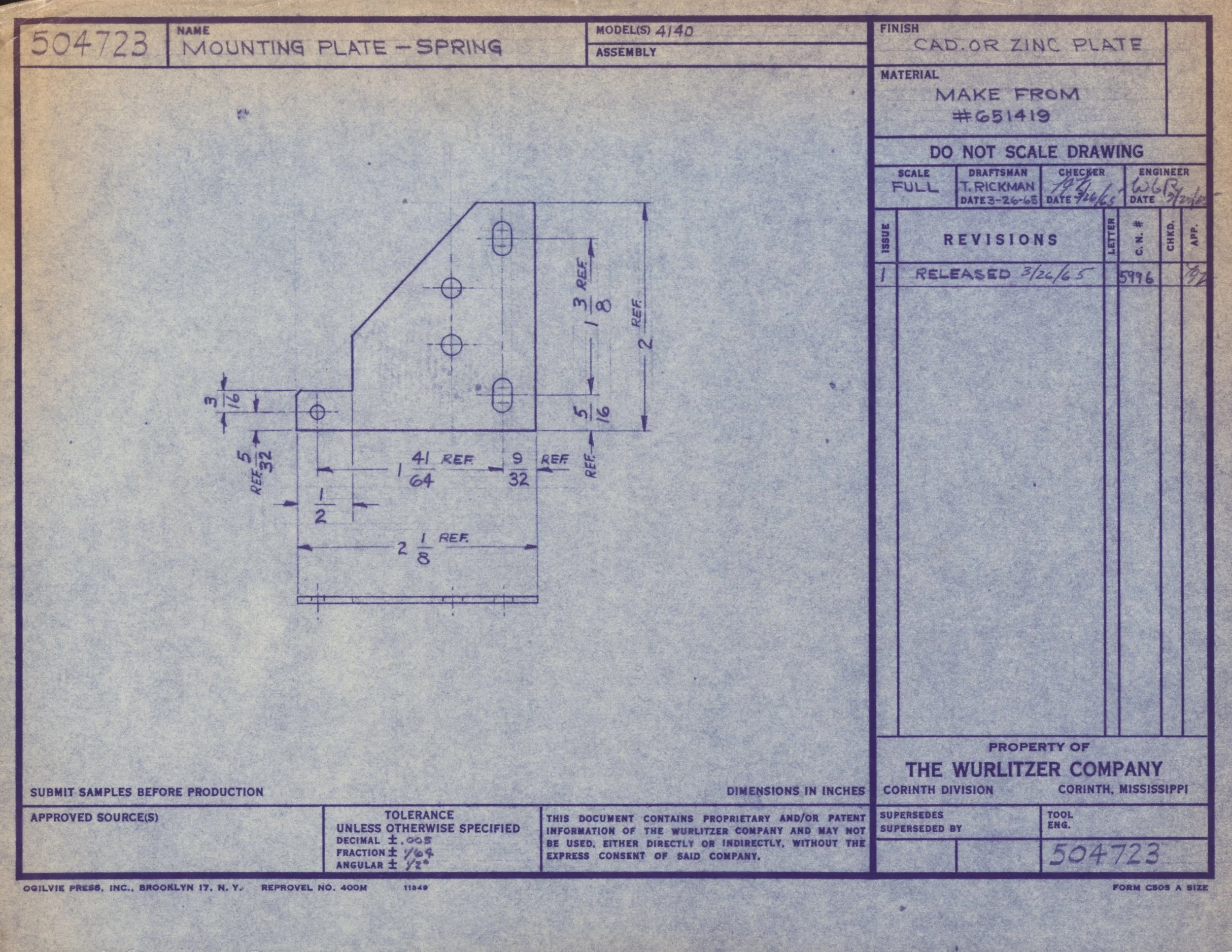 Blueprint drawing of a mounting plate labeled 'Mounting Plate - Spring' with various measurements, angles, and reference notes, produced by The Wurlitzer Company.
