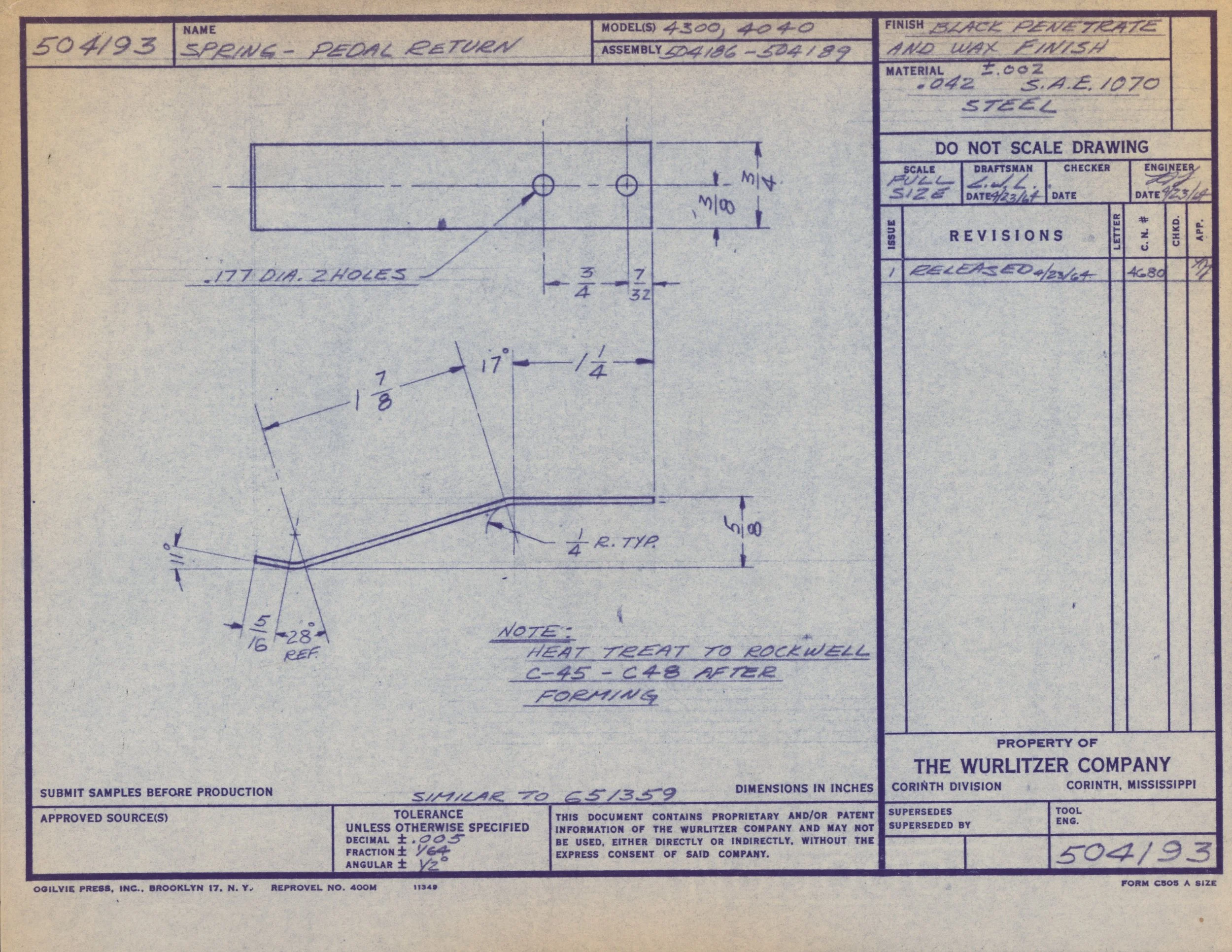 Technical engineering drawing of a spring pedal return, showing dimensions, holes, angles, and annotations, with a title block containing model numbers, material details, and revision notes.