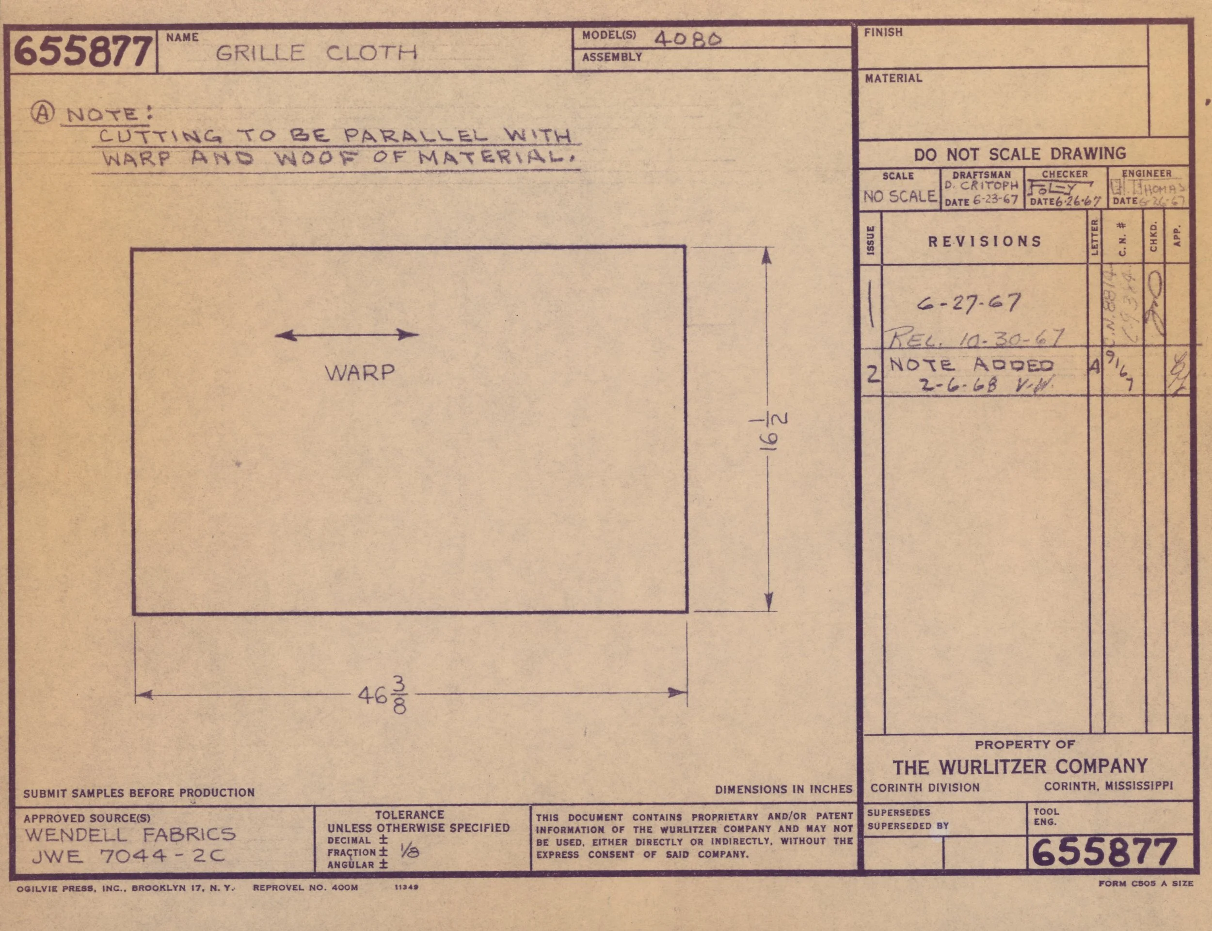 Detailed technical drawing of a grill cloth with dimensions and annotations, produced by The Wurlitzer Company, dated June 27, 1967.