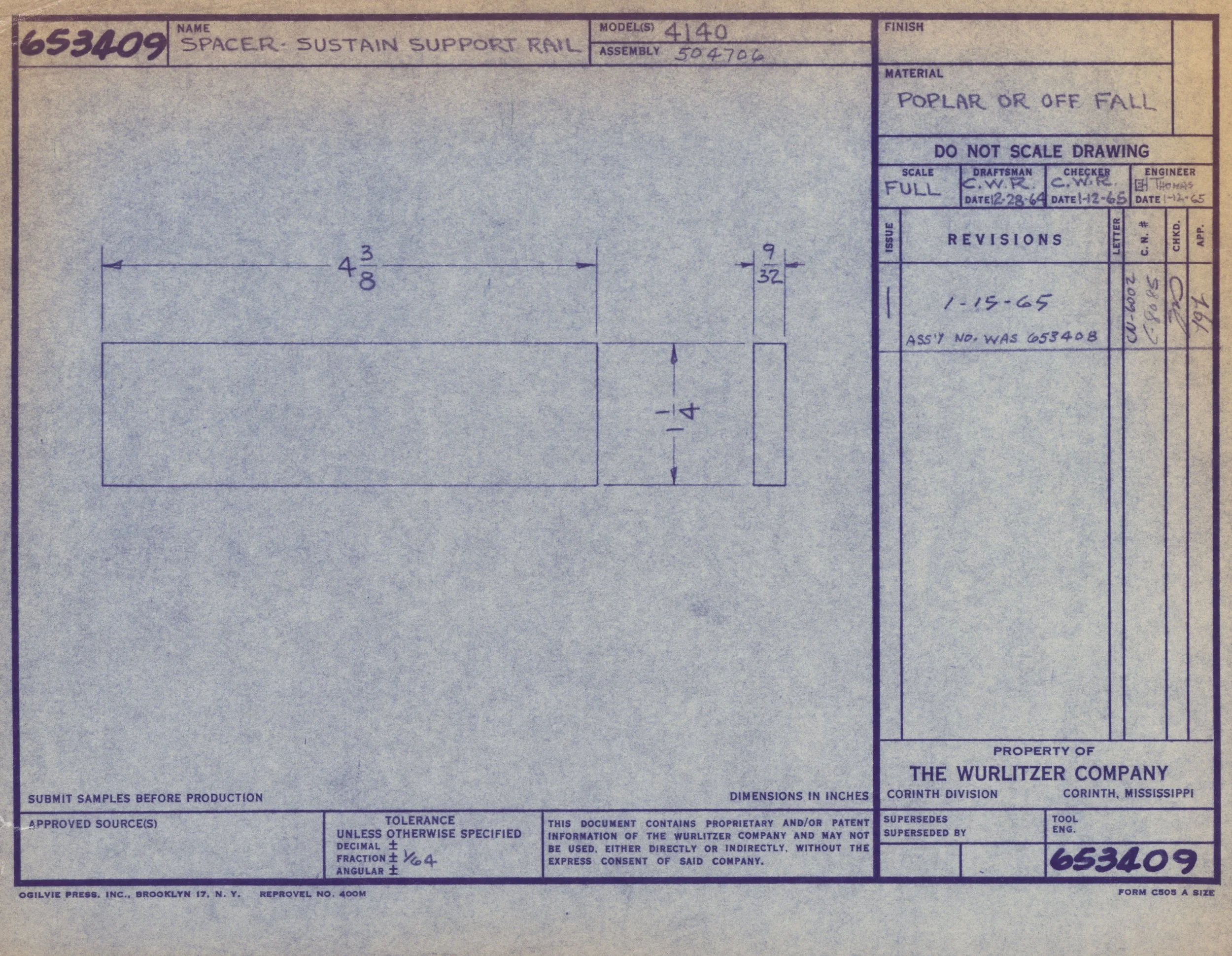 Technical blueprint drawing for a spacer and sustain support rail, with dimensions, notes, and approval stamps from a manufacturing company.