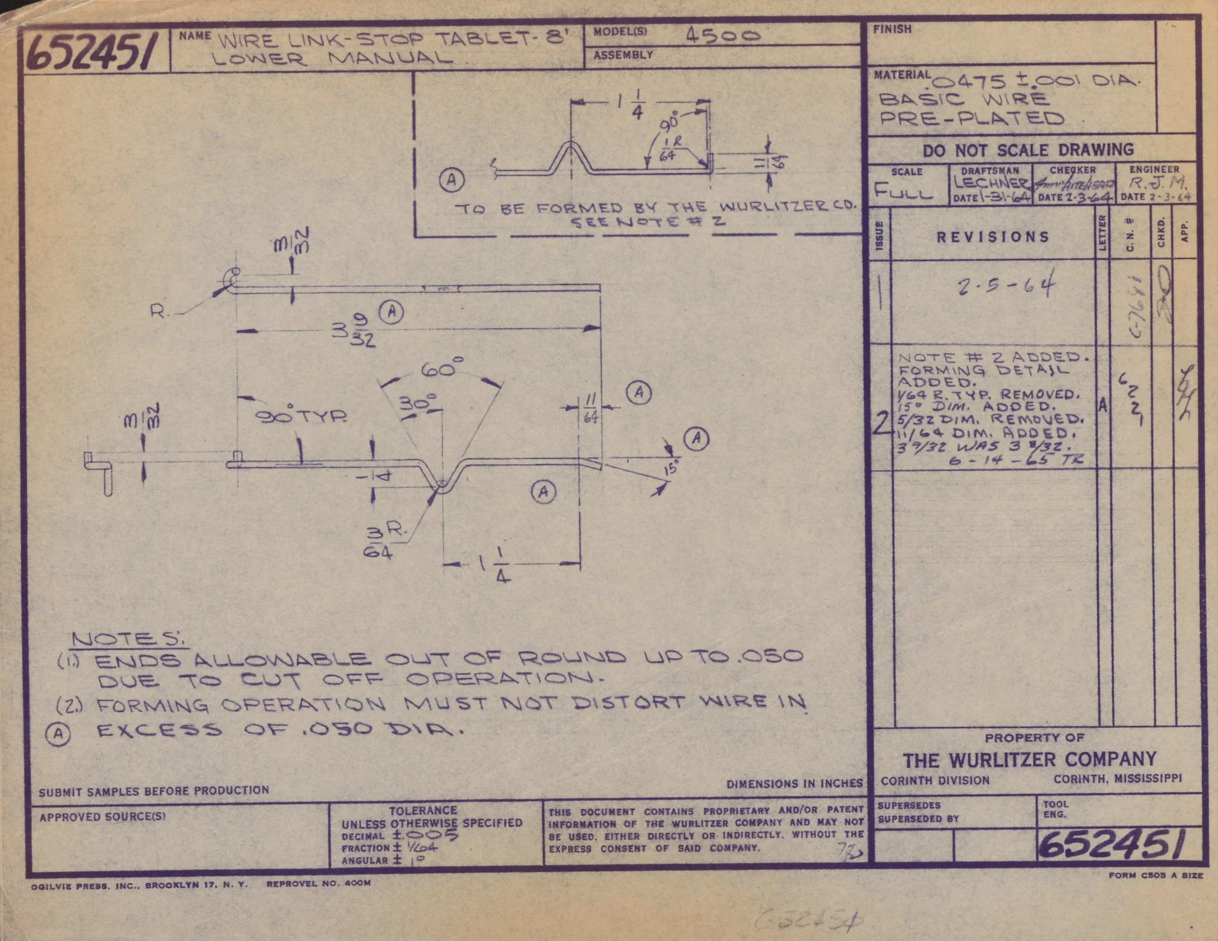 Technical engineering drawing of a wire link stop tablet, showing dimensions, angles, and notes for manufacturing.