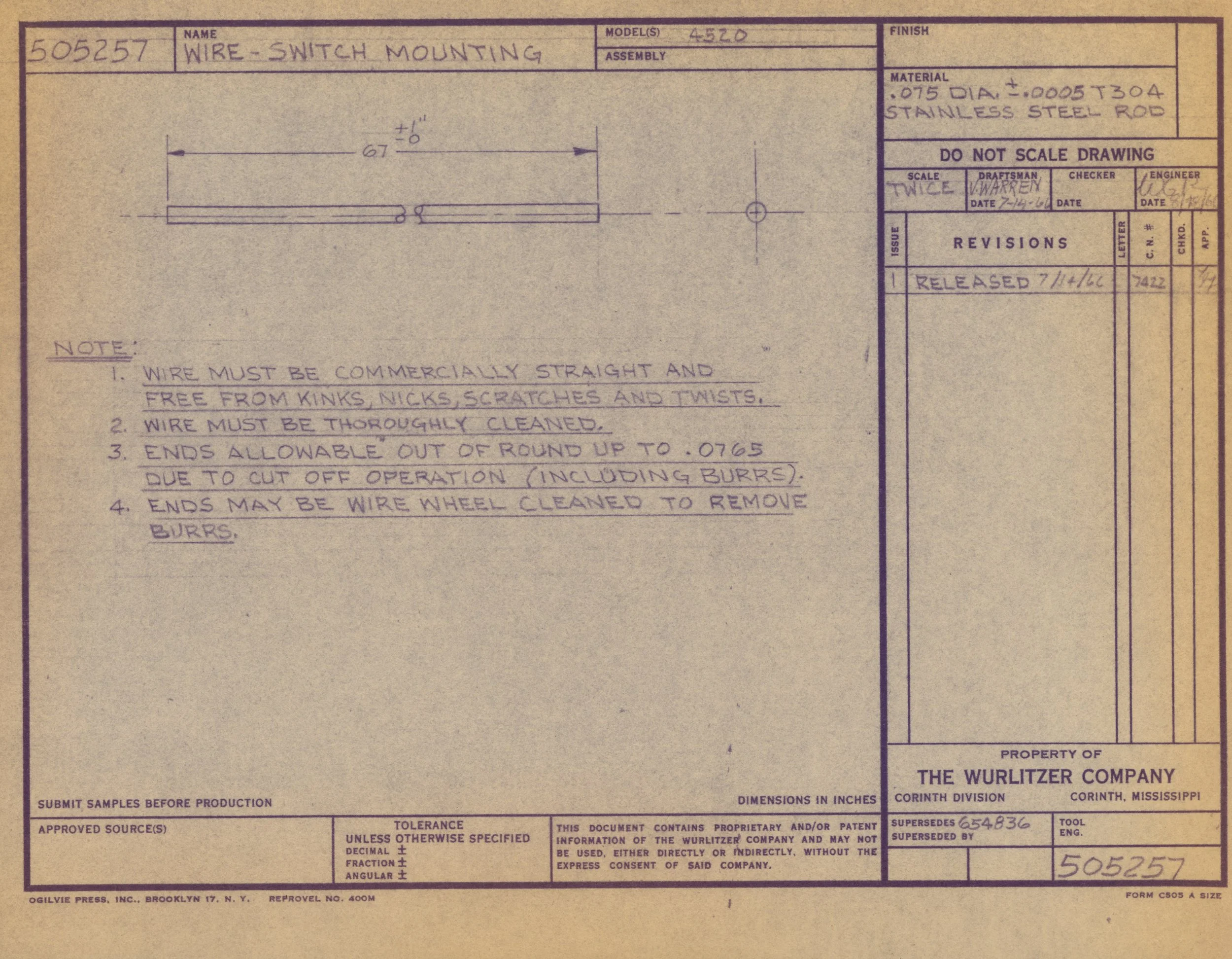 Technical drawing of a wire switch mounting with detailed specifications and notes, created by The Wurlitzer Company in Corinth, Mississippi.