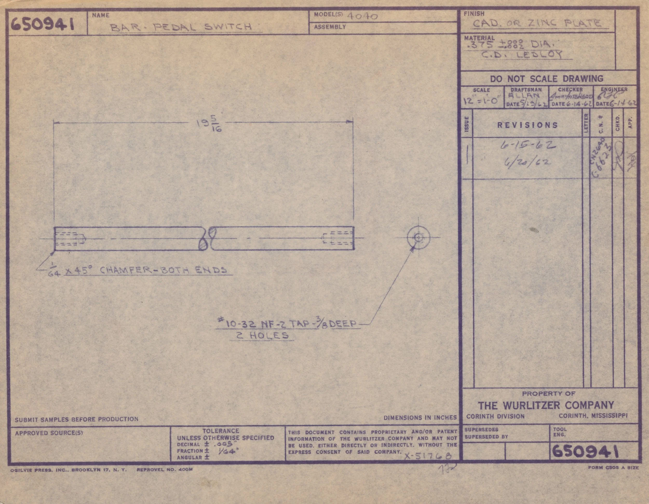 Technical drawing plan for a bicycle part labeled as 'Bar Pedal Switch' with detailed specifications, dimensions, and assembly instructions.