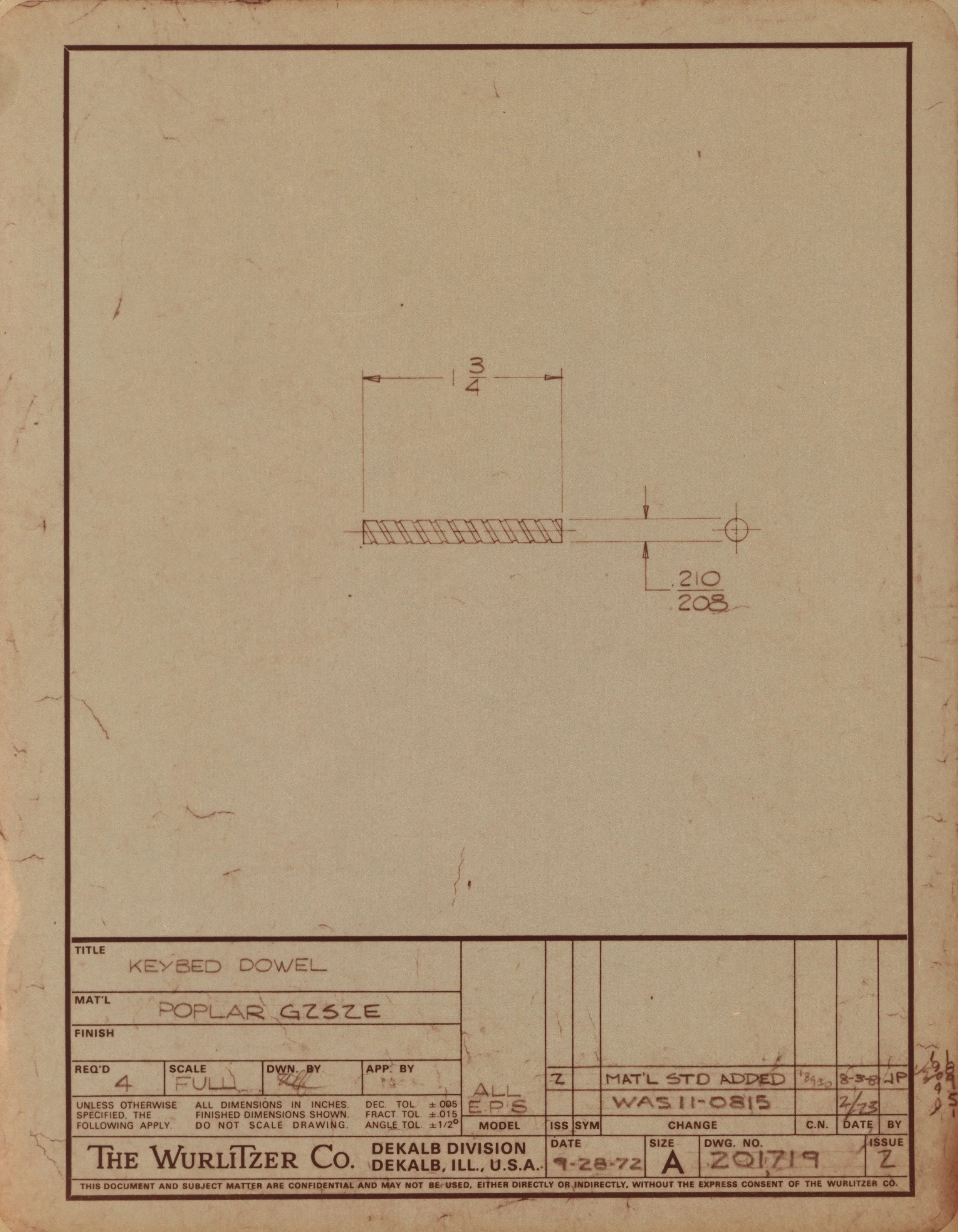 A technical drawing or blueprint for a keyed dowel made of poplar wood, with measurements and specifications.