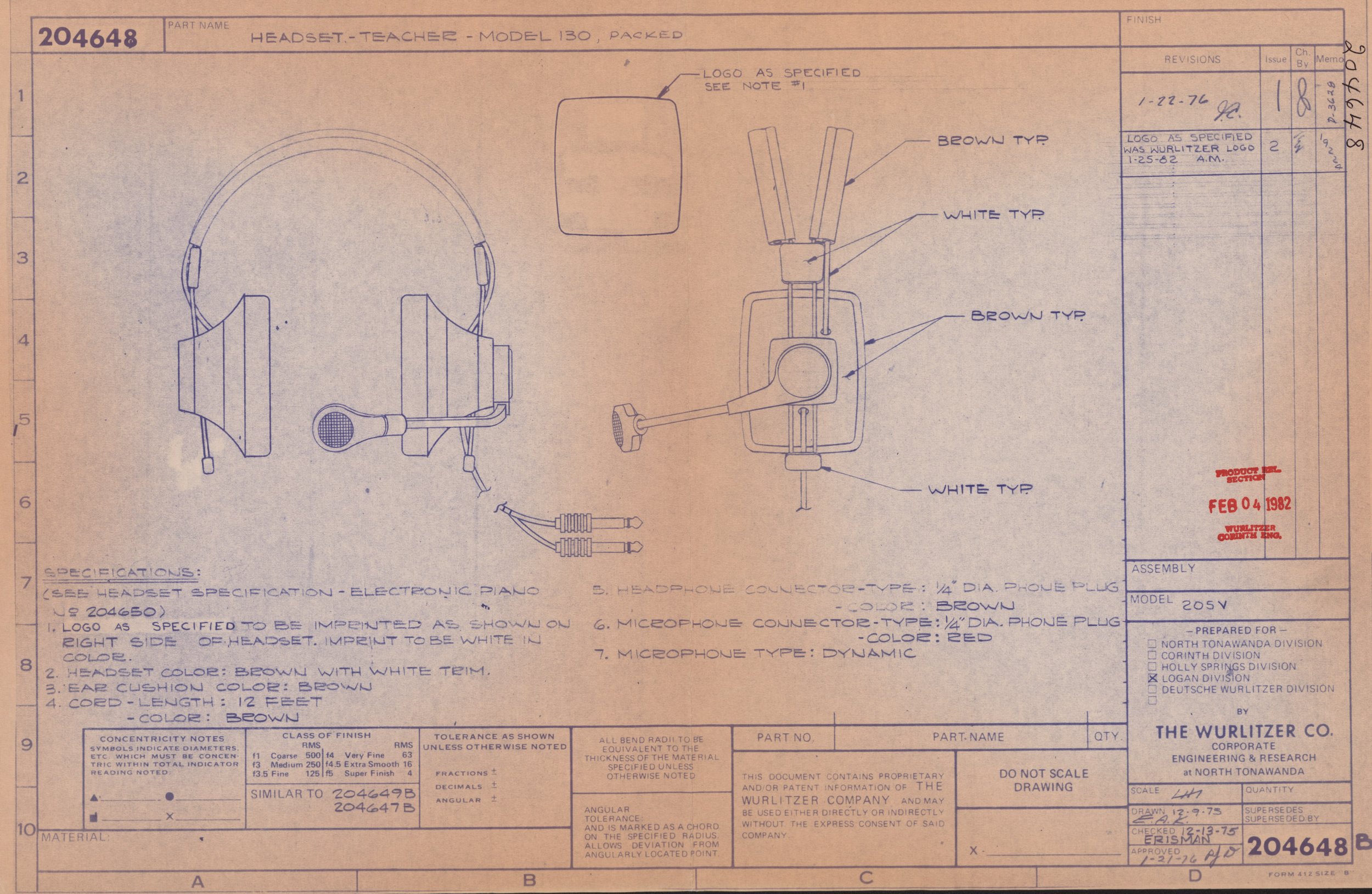 Blueprint drawing of a headset model, showing detailed views and specifications, including parts like logo, cushions, cords, and microphone connectors.