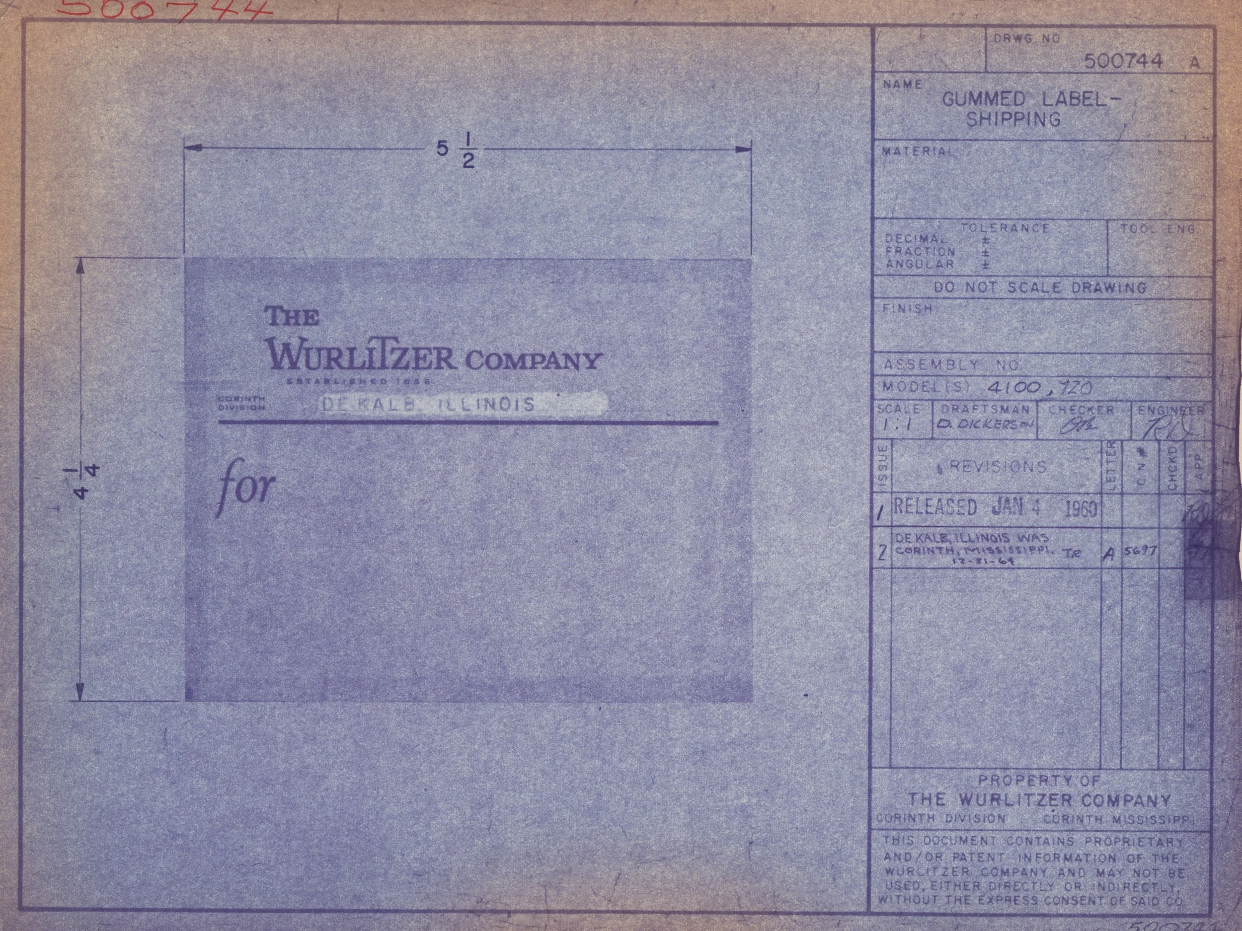 A technical blueprint or drawing for a product labeled 'Gummed Label - Shipping' by The Wurlitzer Company, established 1858, with details about dimensions, scale, and manufacturing information.