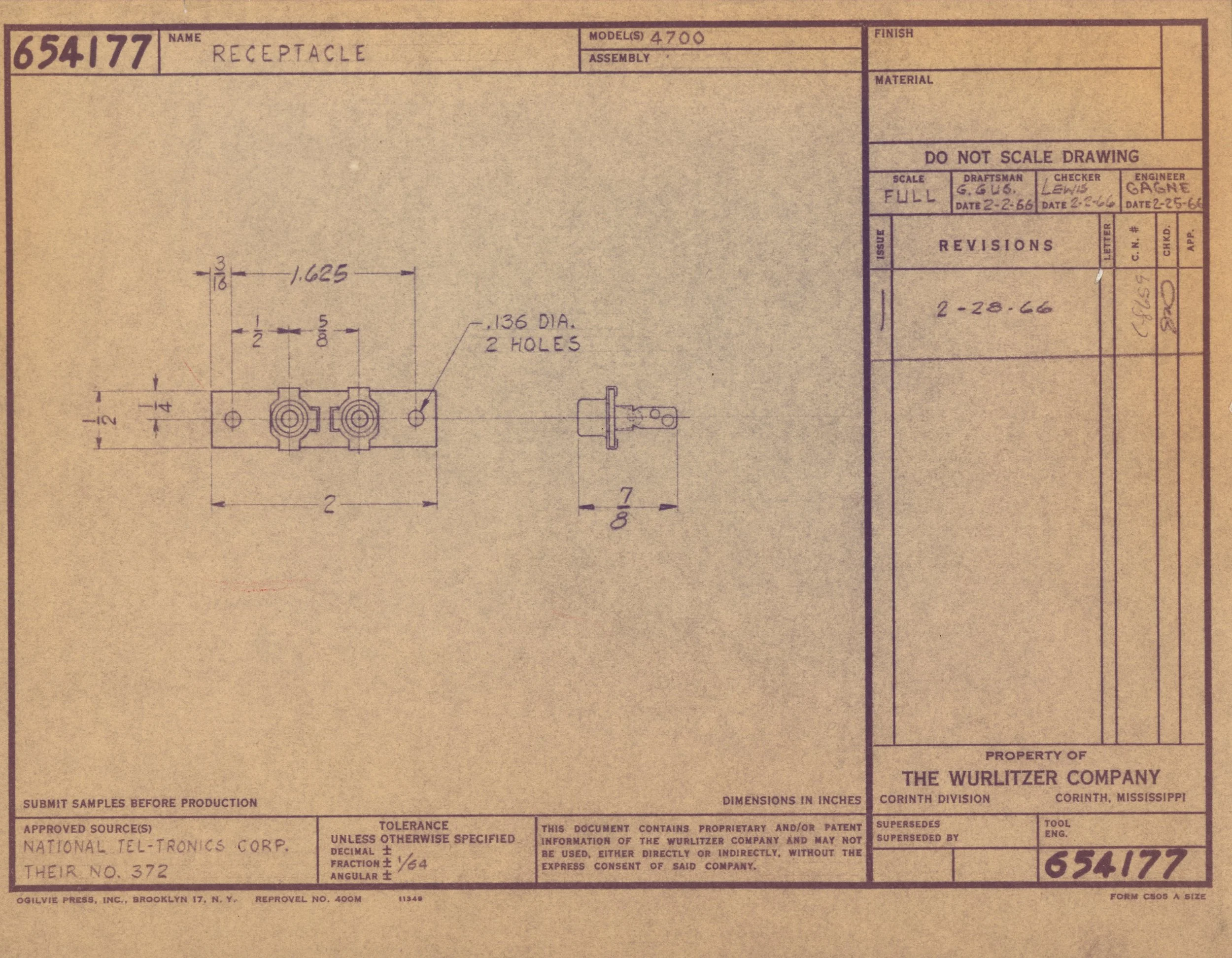 Blueprint drawing for a component labeled 'Receptacle' with dimensions, technical notes, and approval signatures, created by The Wurlitzer Company in Corinth, Mississippi.