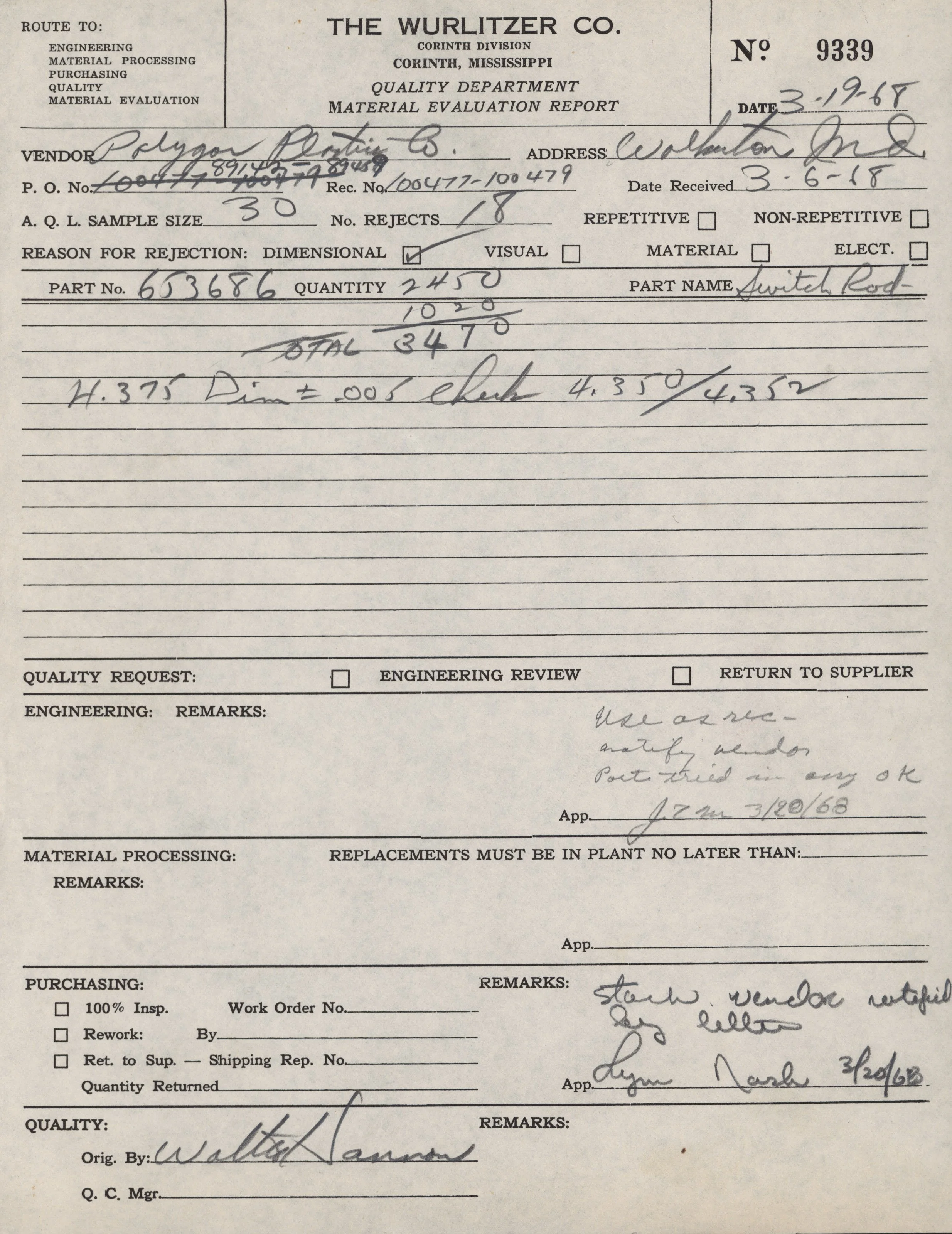 A close-up photograph of a vintage handwritten material evaluation report from The Wurlitzer Co., Corinth Division, Mississippi, dated March 19, 1968. The report contains handwritten notes, part numbers, quantities, and remarks regarding the testing 
