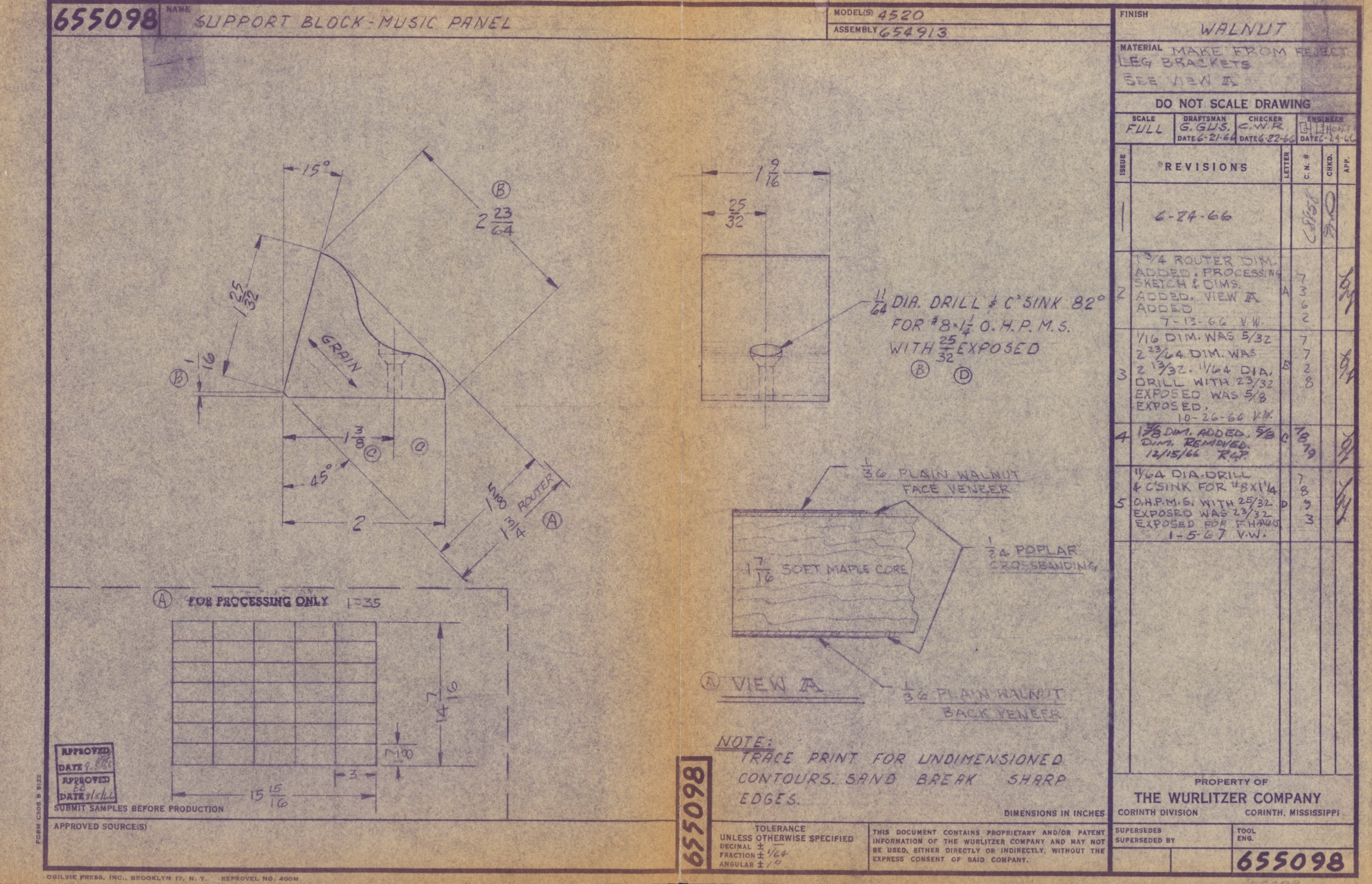Technical blueprint of a walnut support block music panel with detailed measurements, notes, and specifications, including diagrams and annotations.