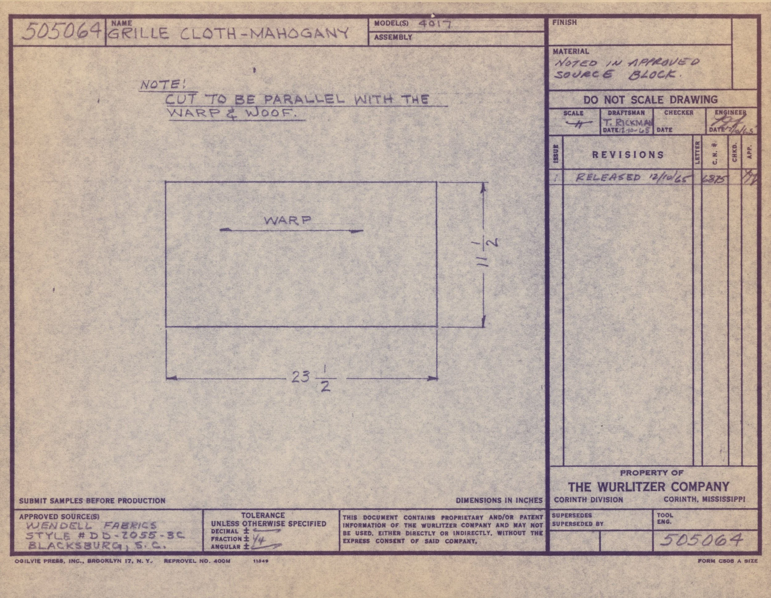 A technical blueprint for a mahogany grille cloth, showing measurements and notes for construction, with handwritten notes indicating material approval and specifications.