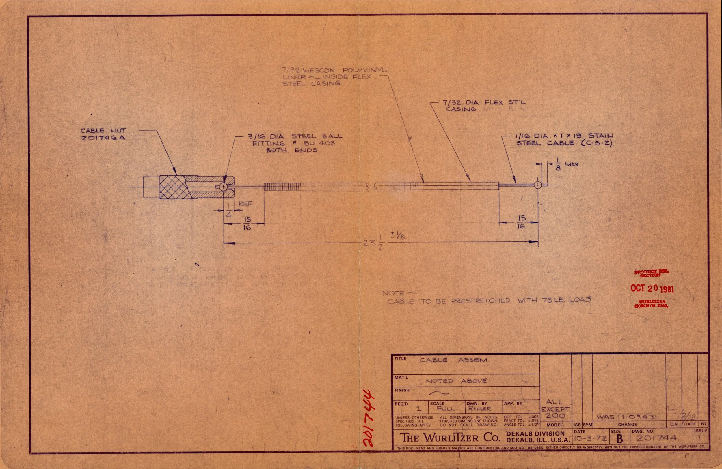Technical drawing of a cable assembly with specifications, dimensions, and materials, dated October 20, 1981, created by The Wurlitzer Company.