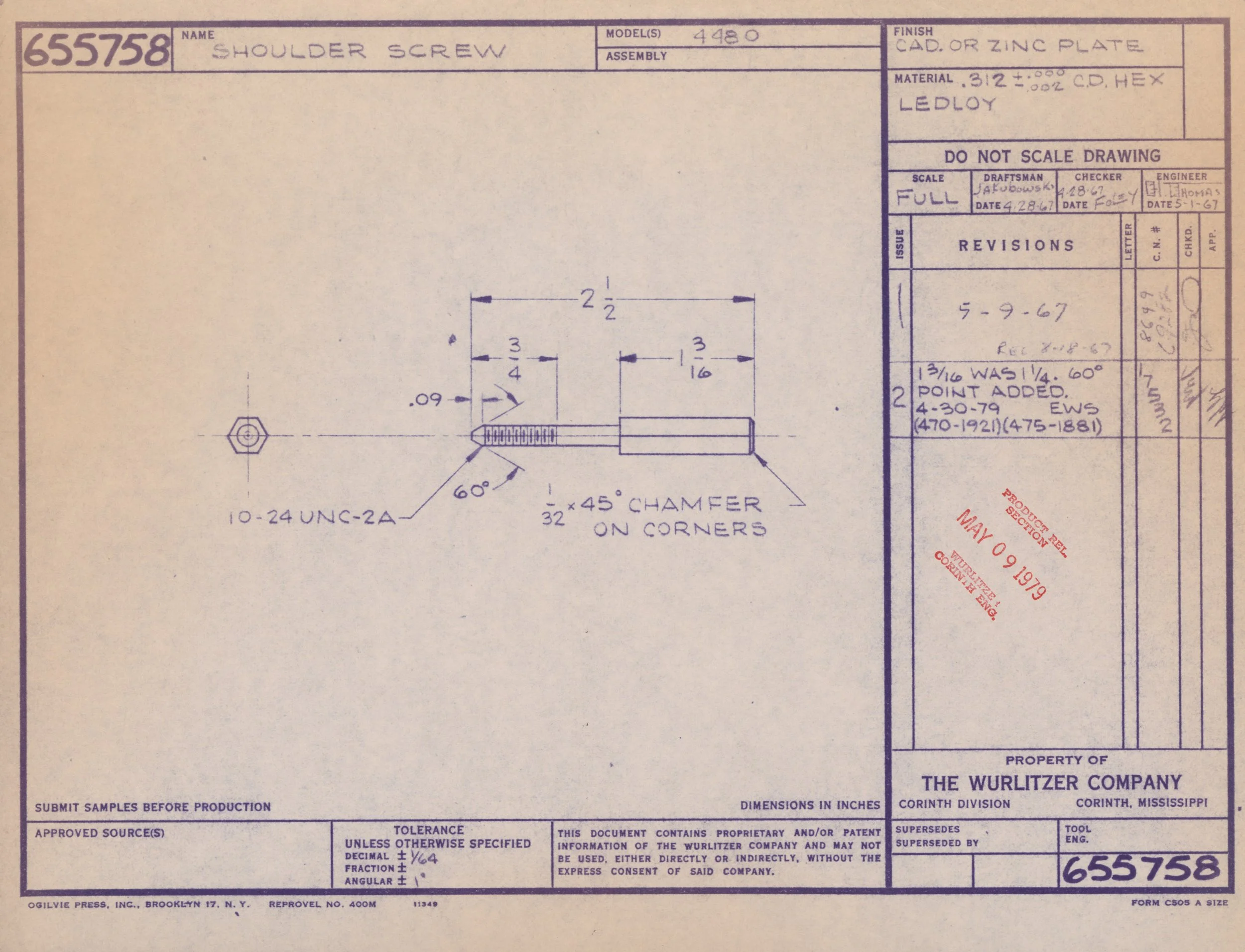 Technical drawing blueprint of a shoulder screw with dimensions, material specifications, and revision notes, issued by the Wurlitzer Company in Corinth, Mississippi.