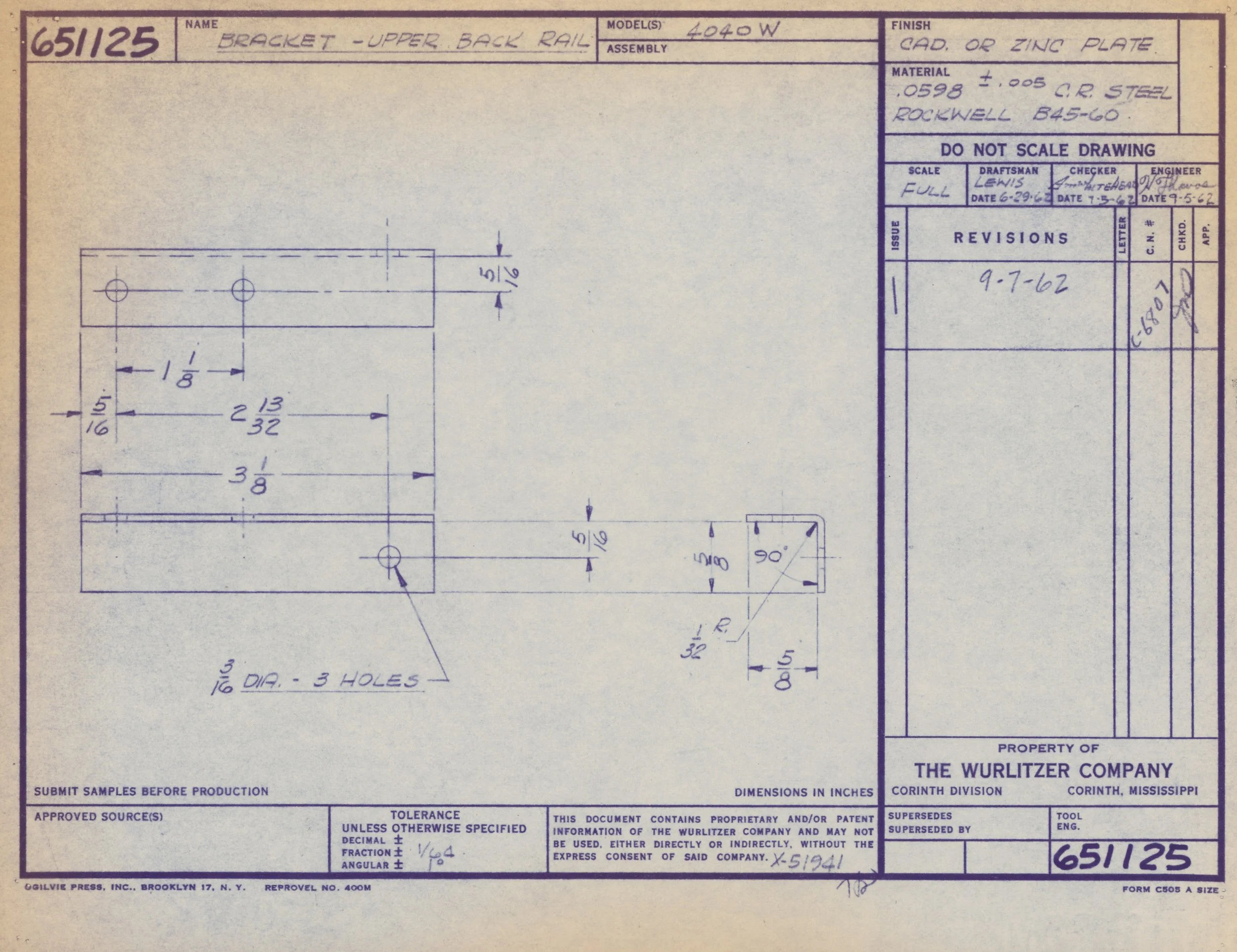 Blueprint drawing for an upper back rail bracket, including detailed measurements and technical specifications.