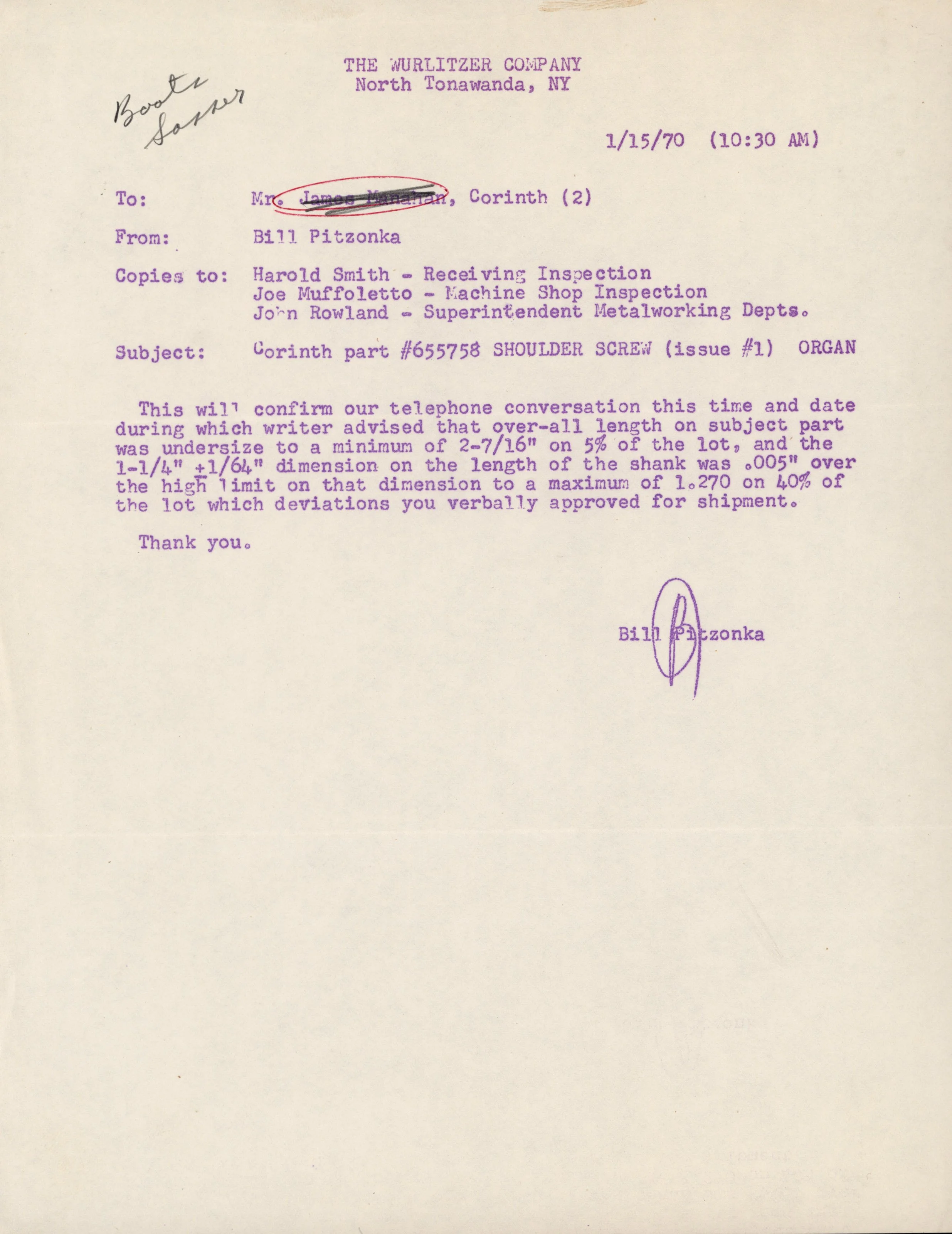 Historical document from The Wurlitzer Company, dated January 15, 1970, about the specifications and quality standards for a shoulder screw part #655758 for an organ, including handwritten notes and a signature.
