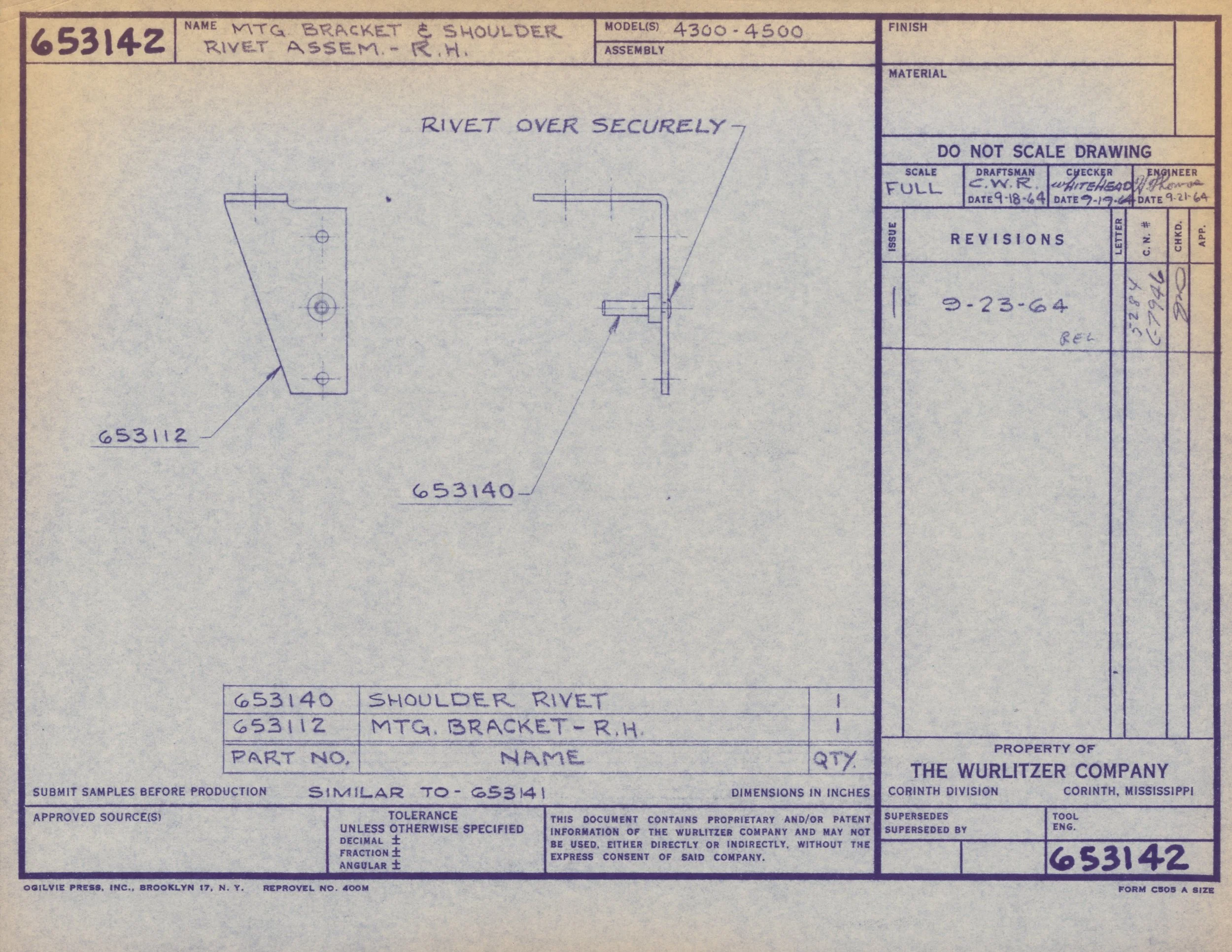 Technical drawing of a mounting bracket and shoulder rivet, with instructions to rivet over securely, dated September 23, 1964, created by The Wurlitzer Company.