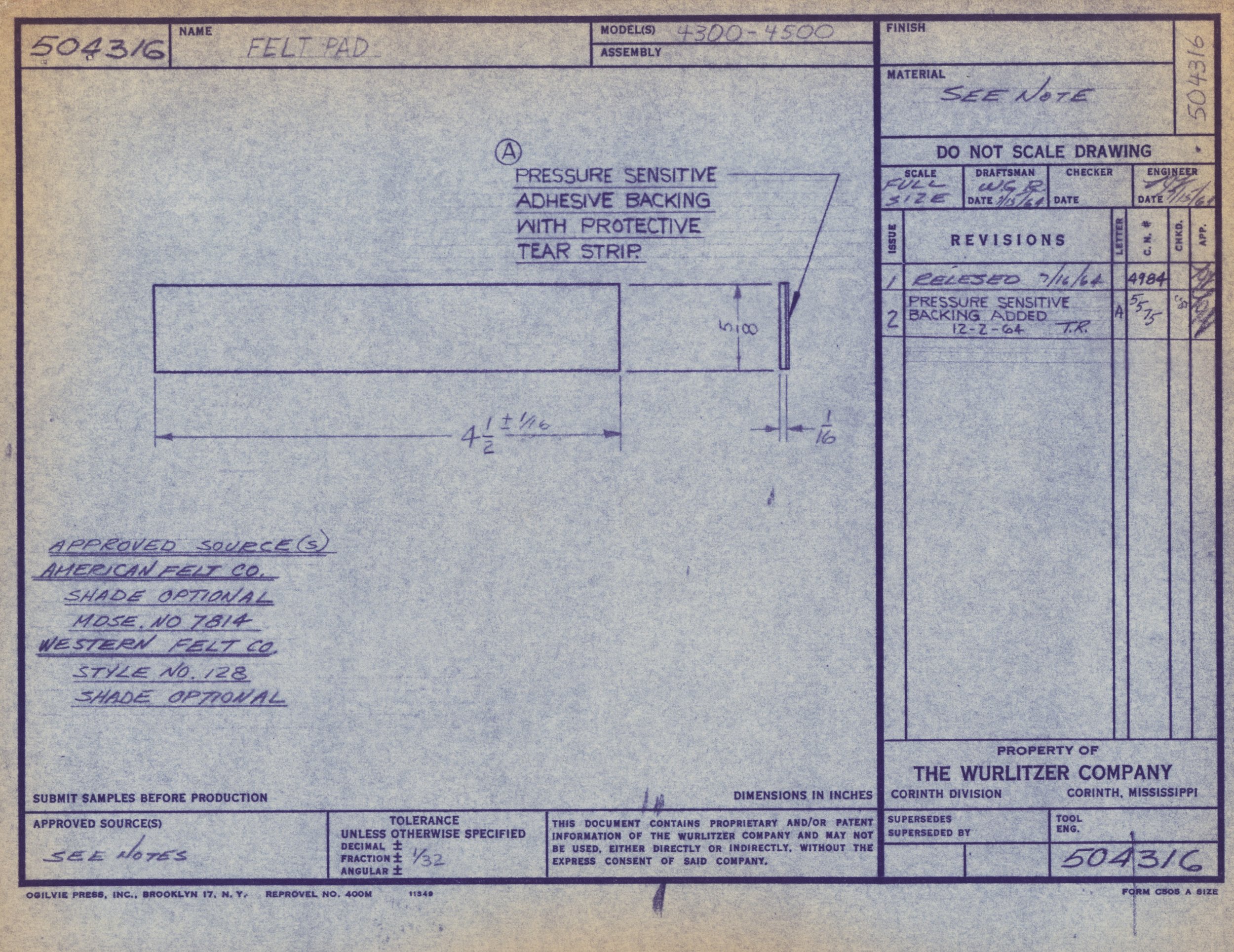 Technical drawing of a felt pad with measurements and manufacturing notes.