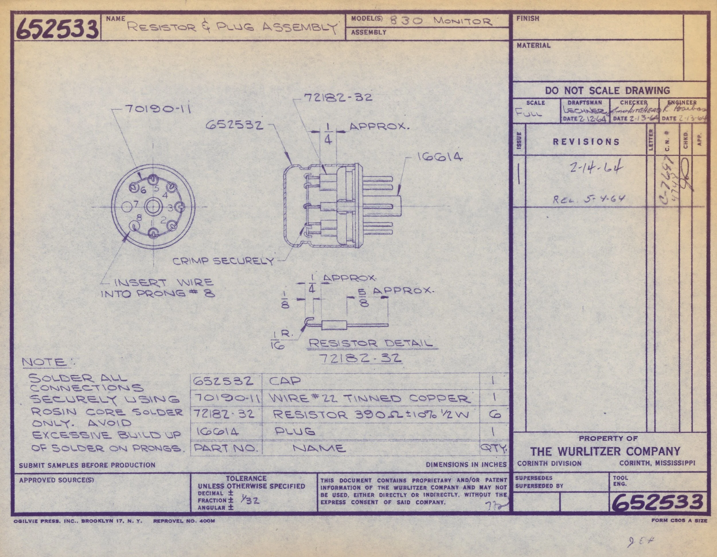 Blueprint of an electrical component assembly, specifically a resistor and plug assembly, showing detailed technical drawings, measurements, and assembly instructions.