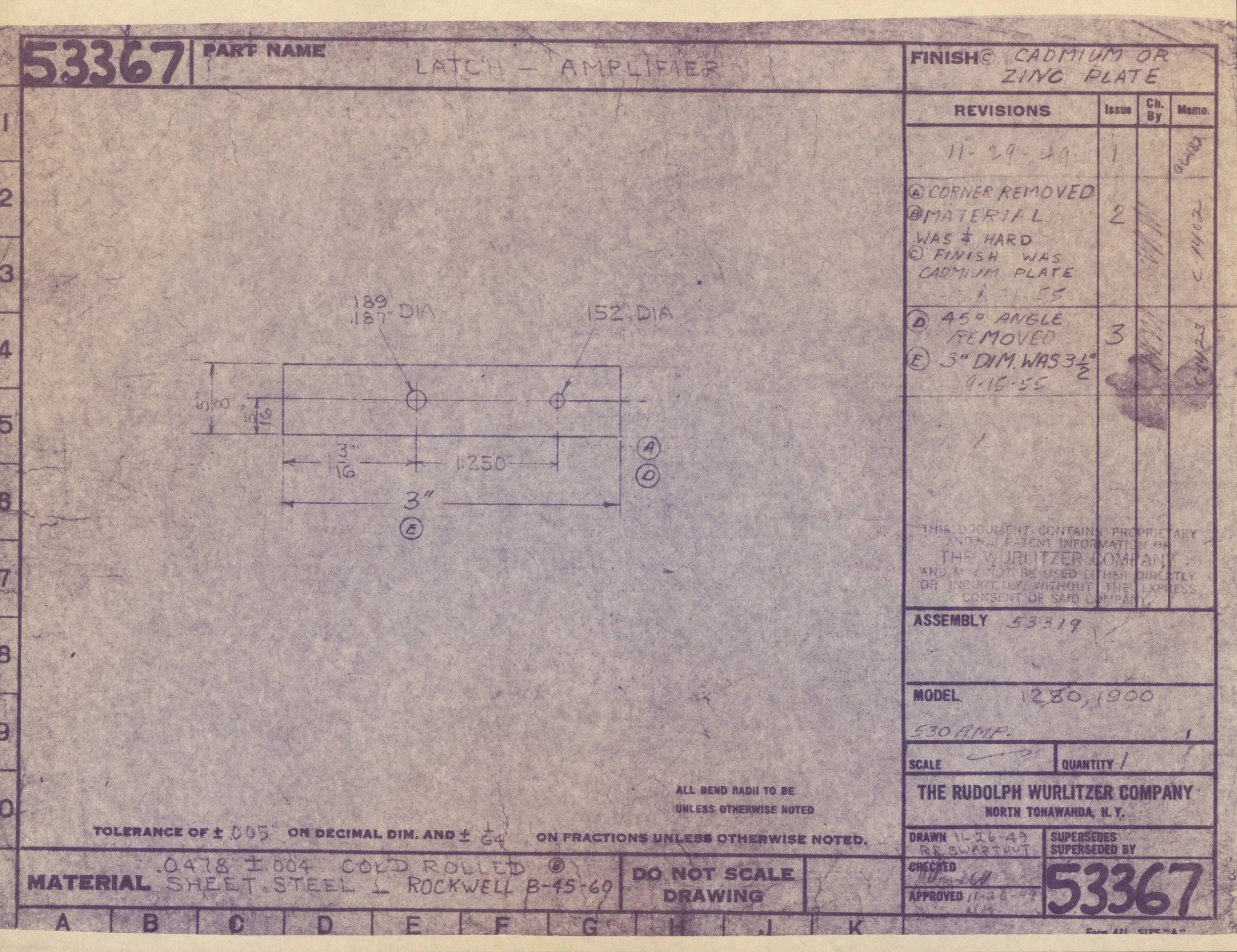 Blueprint engineering drawing of a latch amplifier part, showing dimensions, materials, and notes for assembly, with handwritten annotations and revision details.