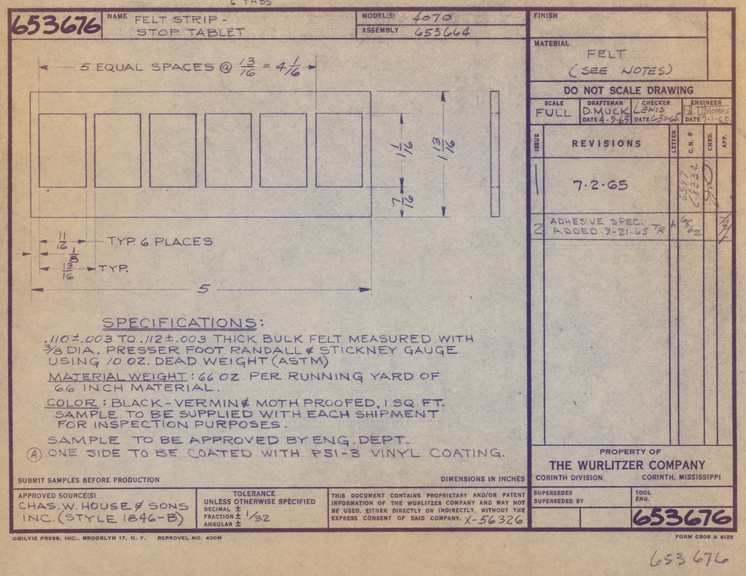 Technical drawing of a felt stop tablet with detailed measurements, specifications, and notes for manufacturing, including material info, revision history, and approval signatures.