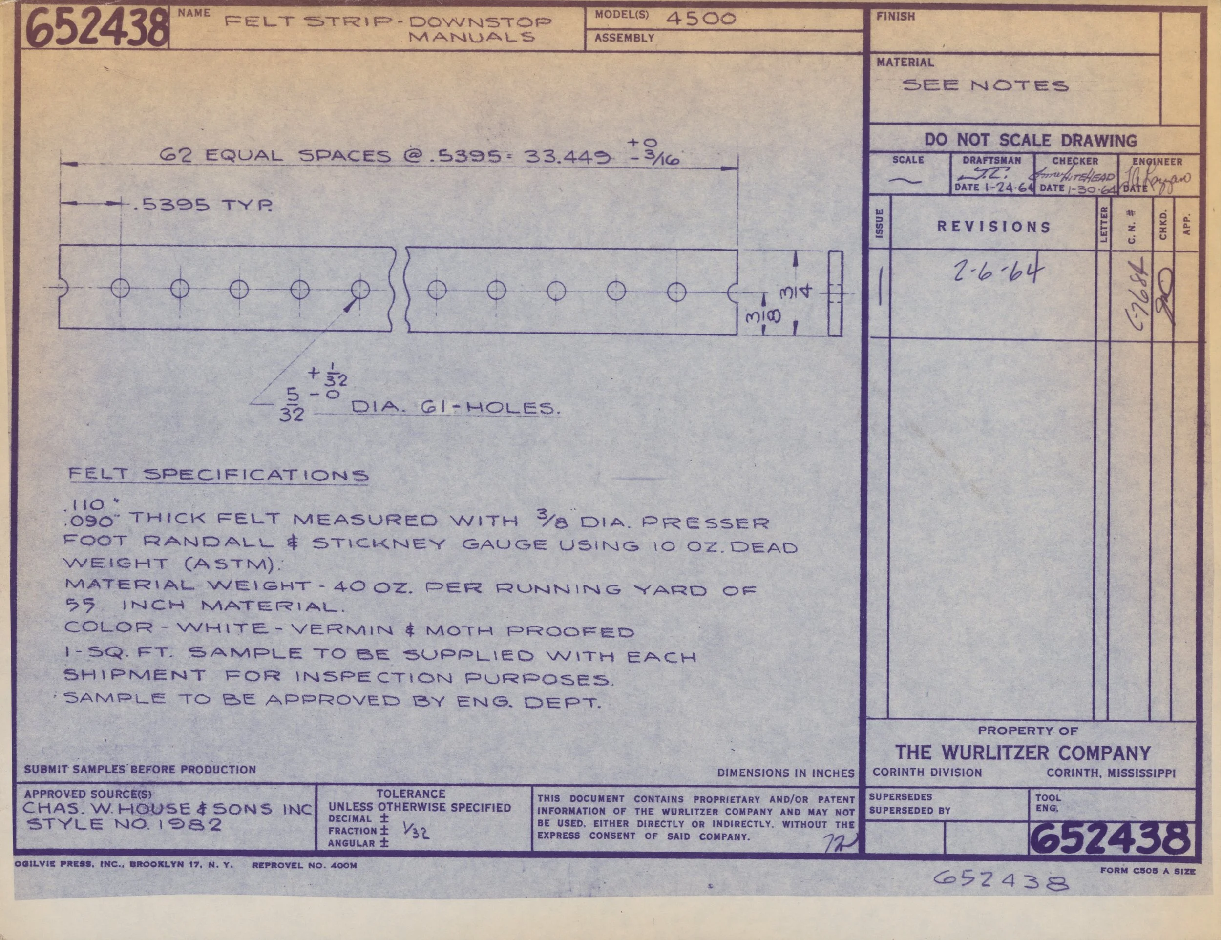 Technical blueprint drawing of felt strips with detailed measurements, annotations, and revision notes.