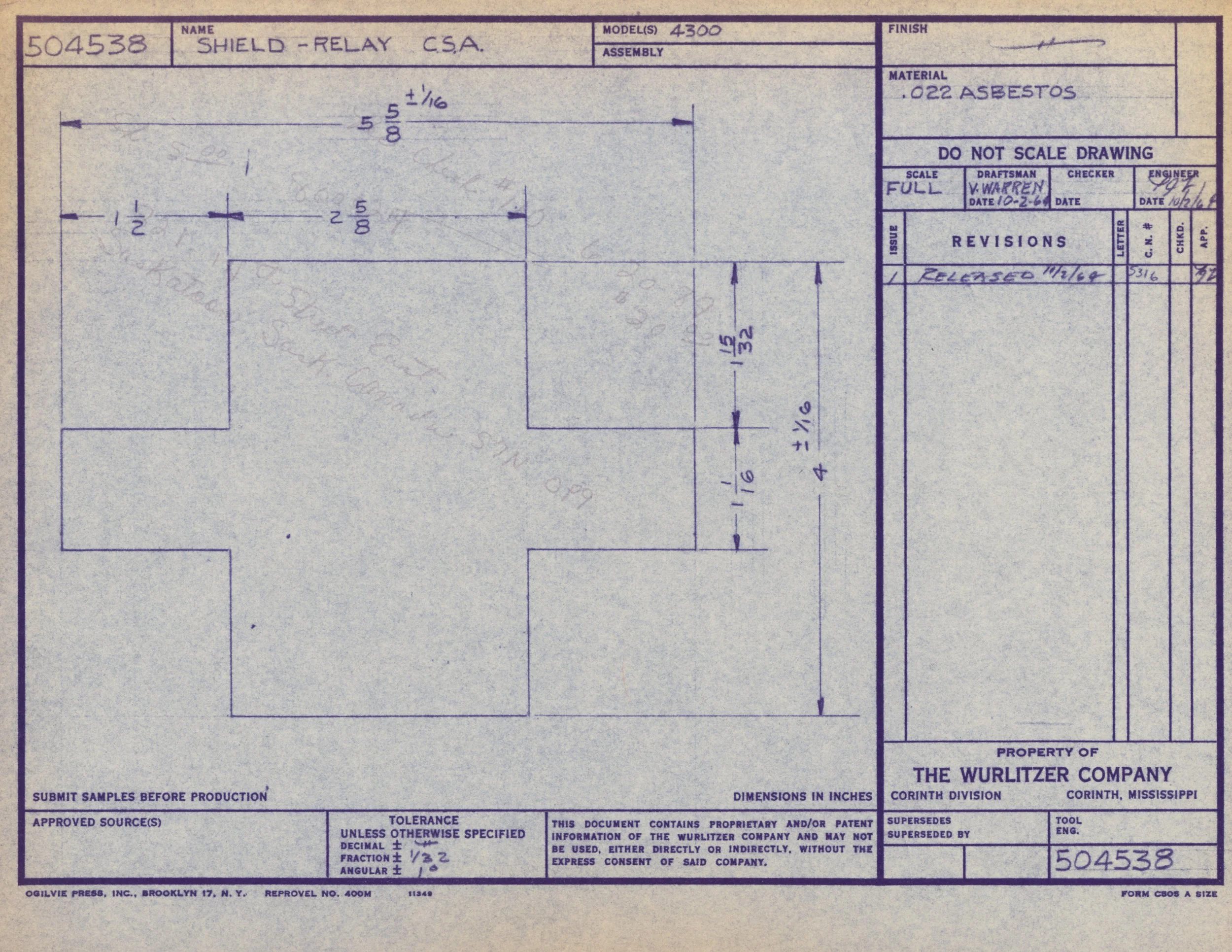 Technical blueprint drawing for a shield relay model 4300 made of asbestos, with detailed measurements and annotations in purple ink.