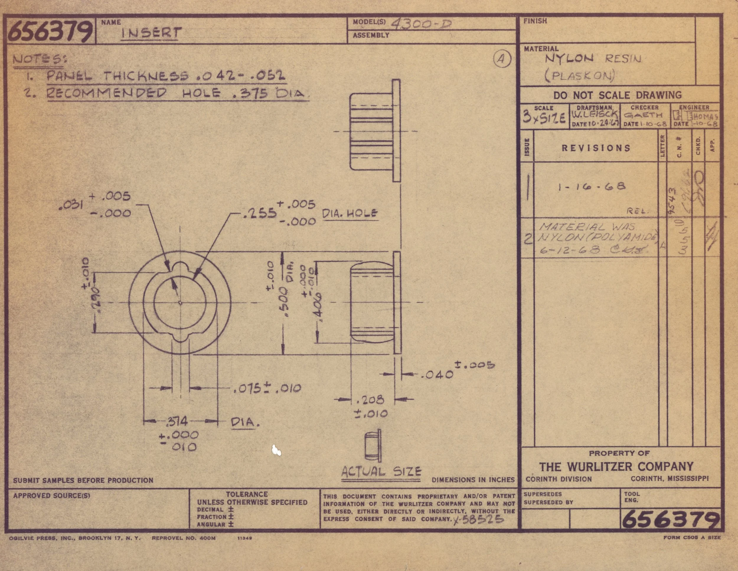 A technical engineering drawing on yellowed paper, depicting a circular mechanical part with specific measurements and annotations. The drawing includes dimensions, notes, and labels related to the part's specifications, made by The Wurlitzer Company