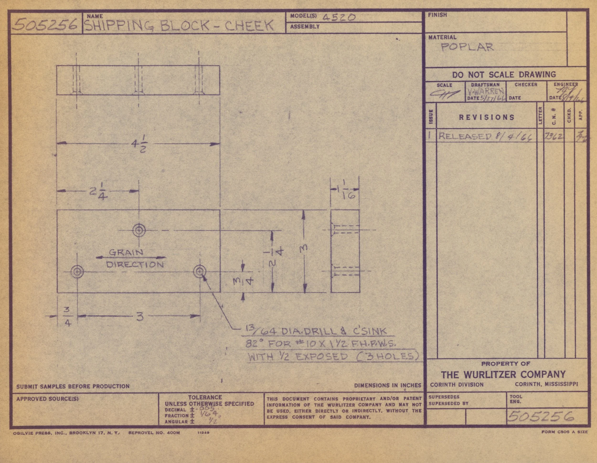 Technical drawing of a shipping block cheek made of poplar wood, indicating measurements and specifications, including a 13/64 inch diameter drill hole with a quarter-inch exposed distance and three holes.
