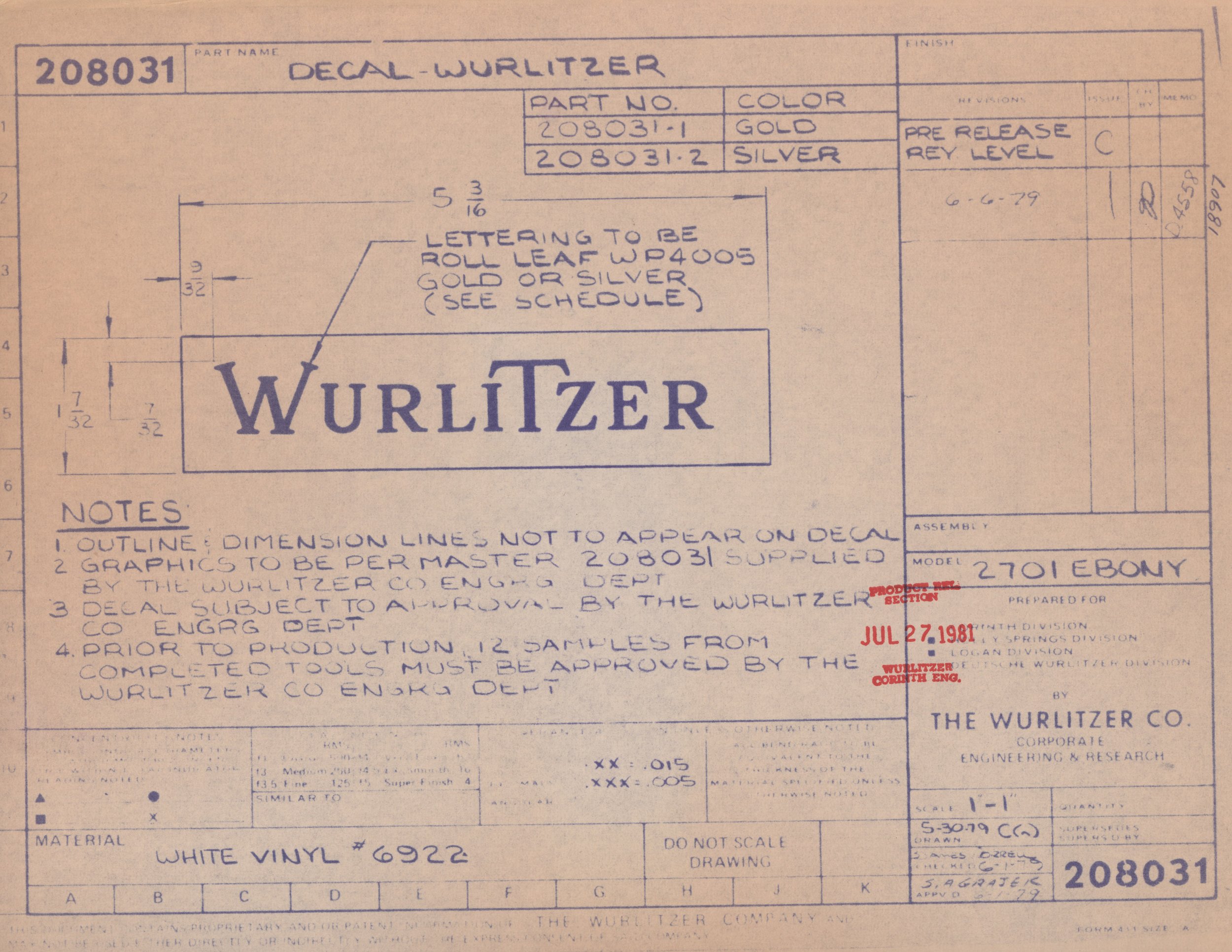 Technical drawing of a decal wurlitzer sign, with details about part number, color options, and manufacturing notes.